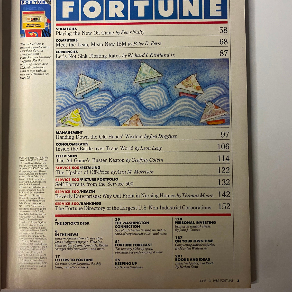 Table of contents from Fortune Magazine June 13, 1983, listing articles including 'Playing the New Oil Game' and 'Let's Not Sink Floating Rates'.