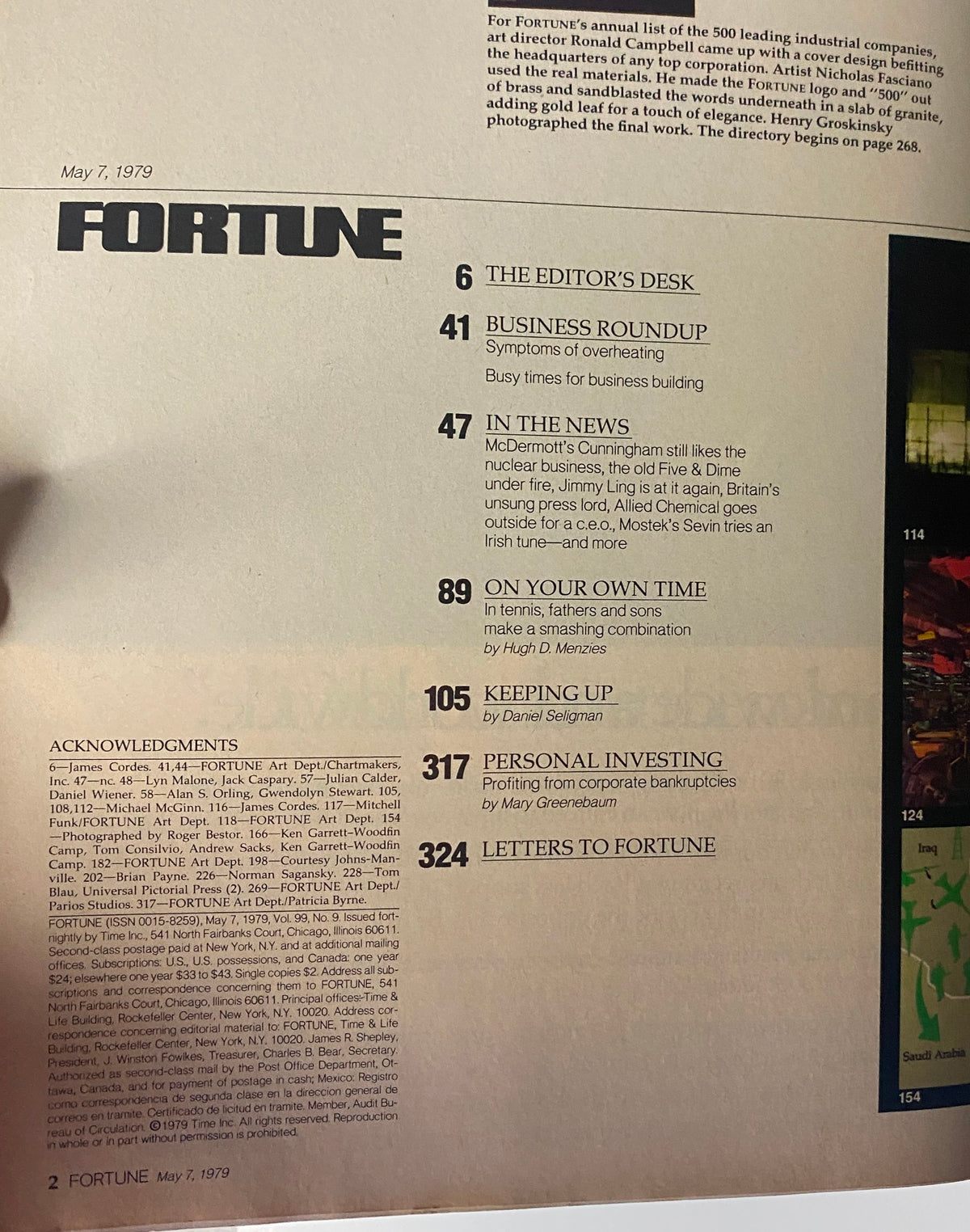 Contents page of Fortune Magazine, May 7, 1979, displaying article topics including business trends, corporate analysis, and an acknowledgment section, related to 'The Largest U.S. Industrial Corporations' issue.