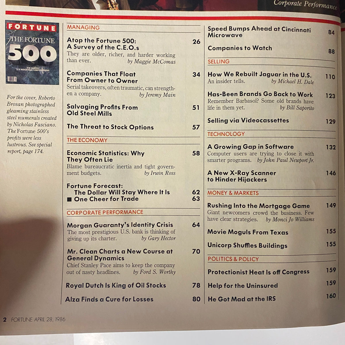 Interior page of Fortune Magazine April 28, 1986, showcasing the Fortune 500 list and articles related to corporate performance and management strategies.