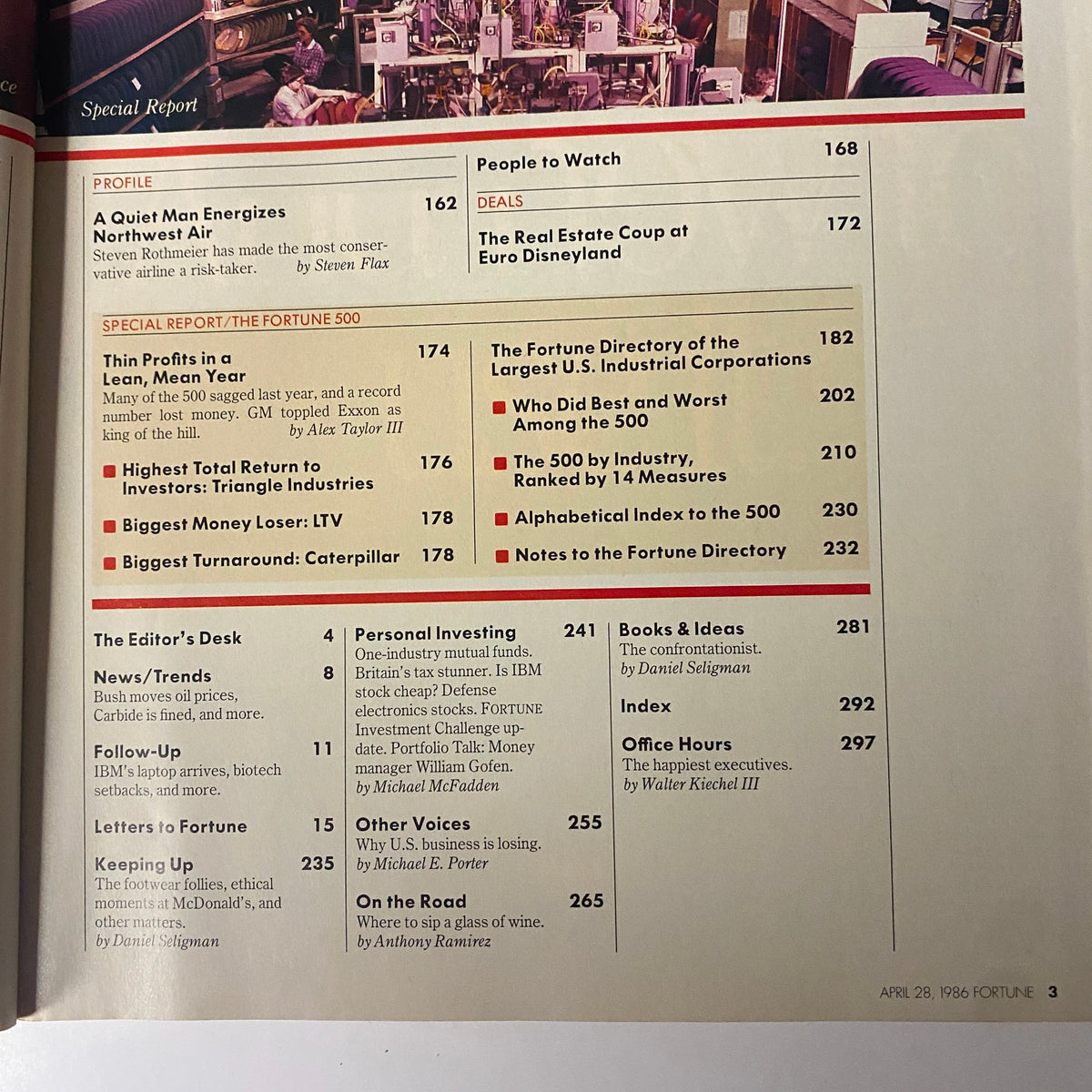 Special report section of Fortune Magazine April 28, 1986, featuring insights into American business practices and corporate leadership trends.