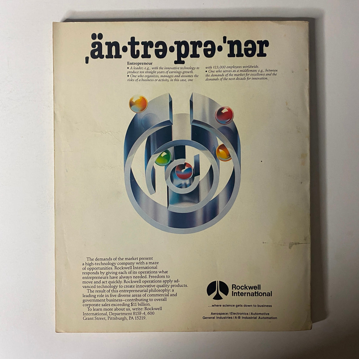 Back cover of Fortune Magazine April 28, 1986, highlighting Rockwell International and its entrepreneurial approach in modern business.
