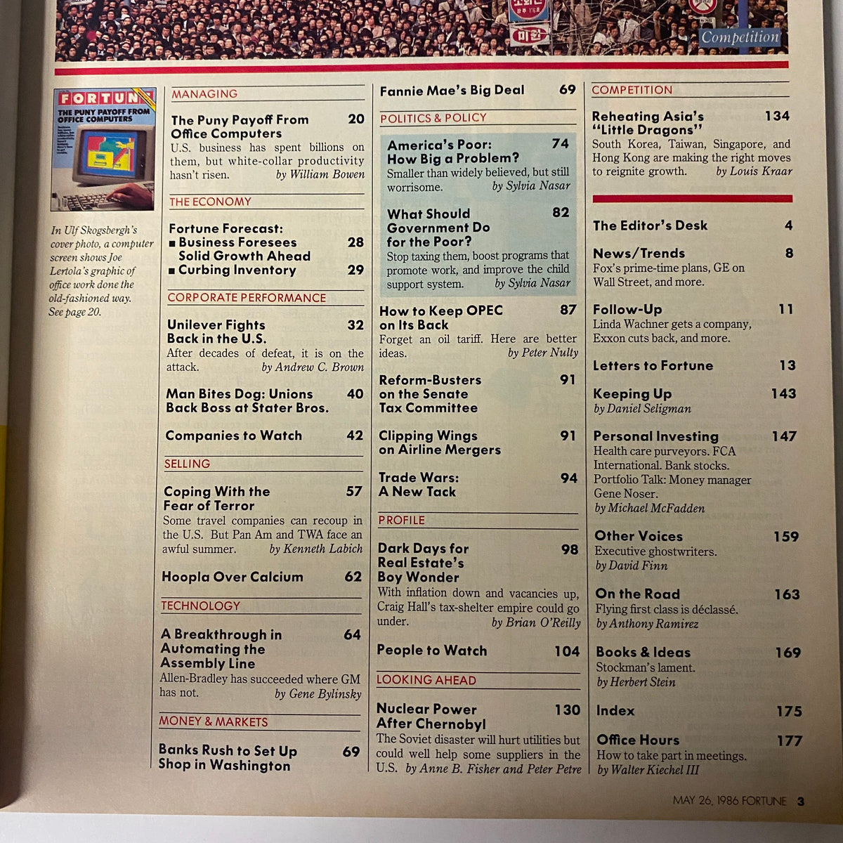 Table of contents page from Fortune Magazine May 26, 1986, highlighting articles including 'The Puny Payoff From Office Computers' and other business topics.
