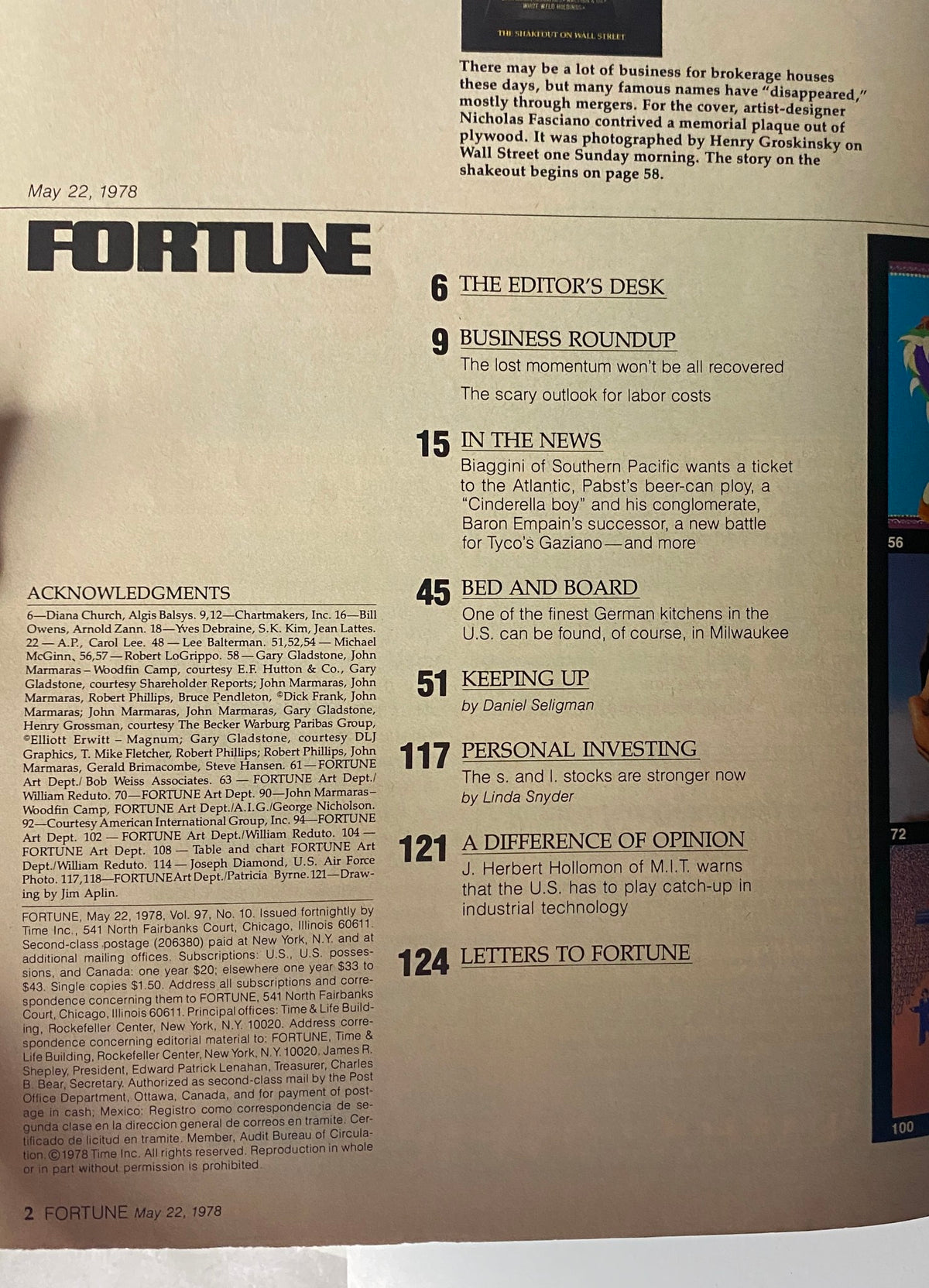 Table of contents page from Fortune Magazine, May 22, 1978, highlighting key sections including 'The Editor's Desk' and 'Business Roundup'.