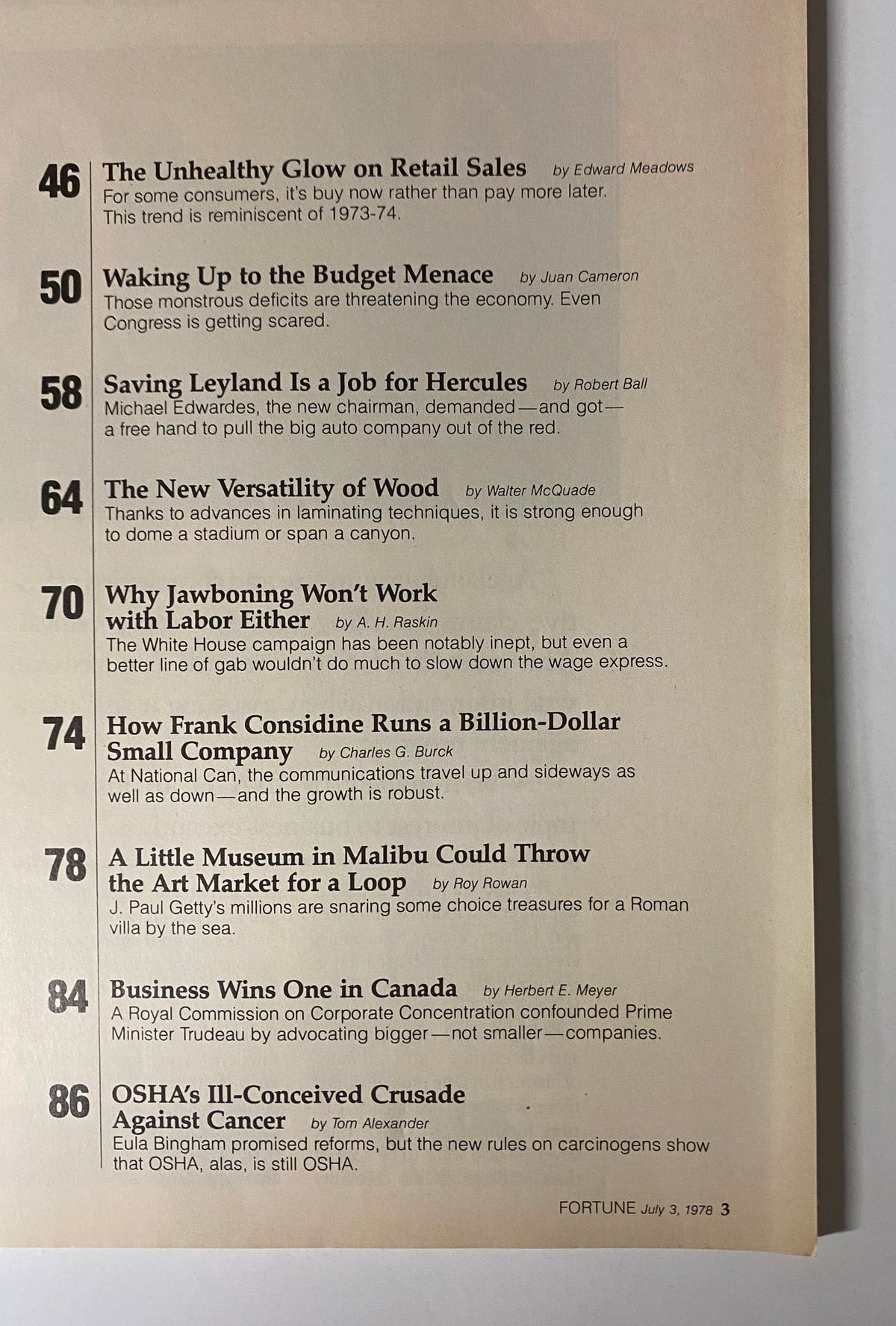 Pages from the July 3, 1978 Fortune Magazine featuring articles on economic challenges, including 'The Unhealthy Glow on Retail Sales' and 'Waking Up to the Budget Menace,' related to the theme 'The Scariest Thing in Washington.'