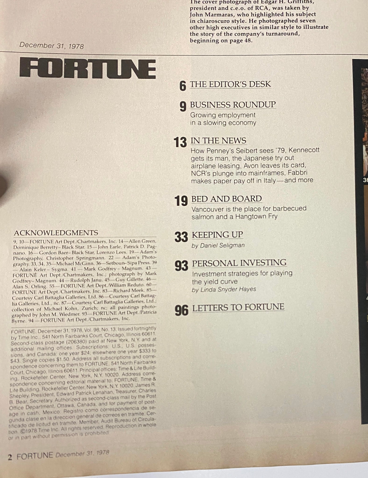 Table of contents for Fortune Magazine, December 31, 1978, detailing featured articles including those on business trends and economic insights.