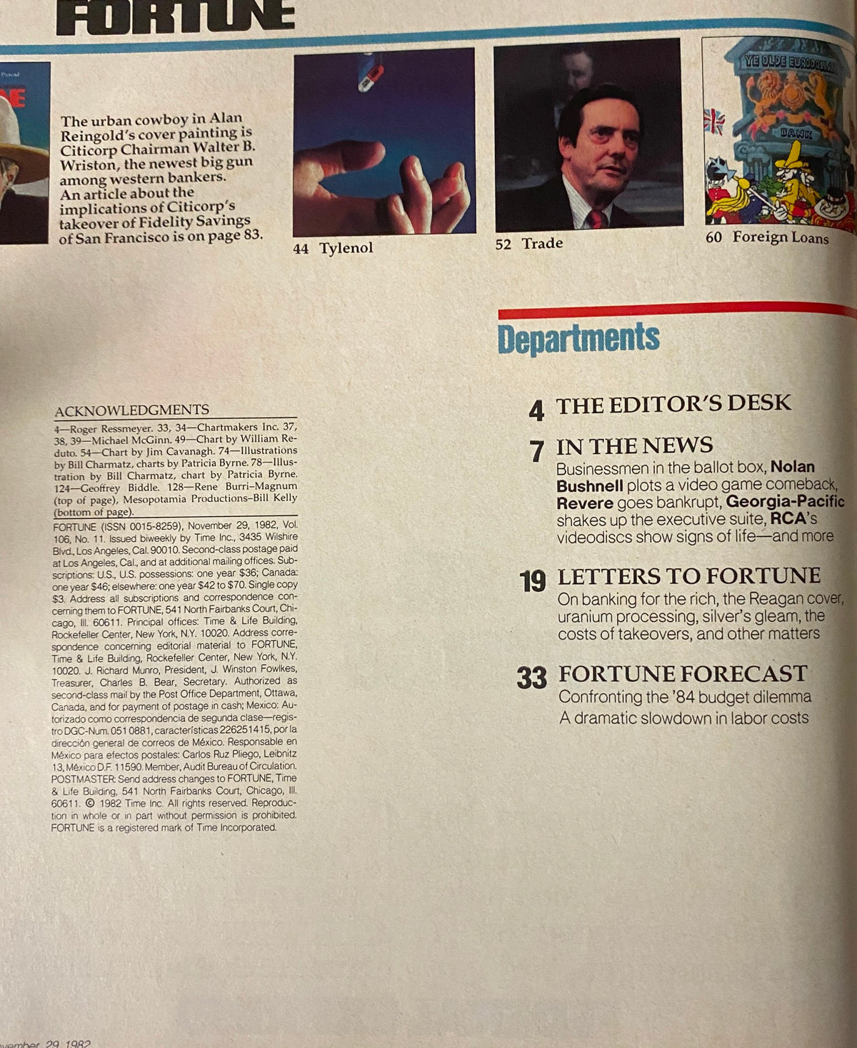 Table of contents page from Fortune Magazine November 29, 1982, listing articles including Tylenol issues, trade reports, and the feature on Citicorp chairman Walter B. Wriston.