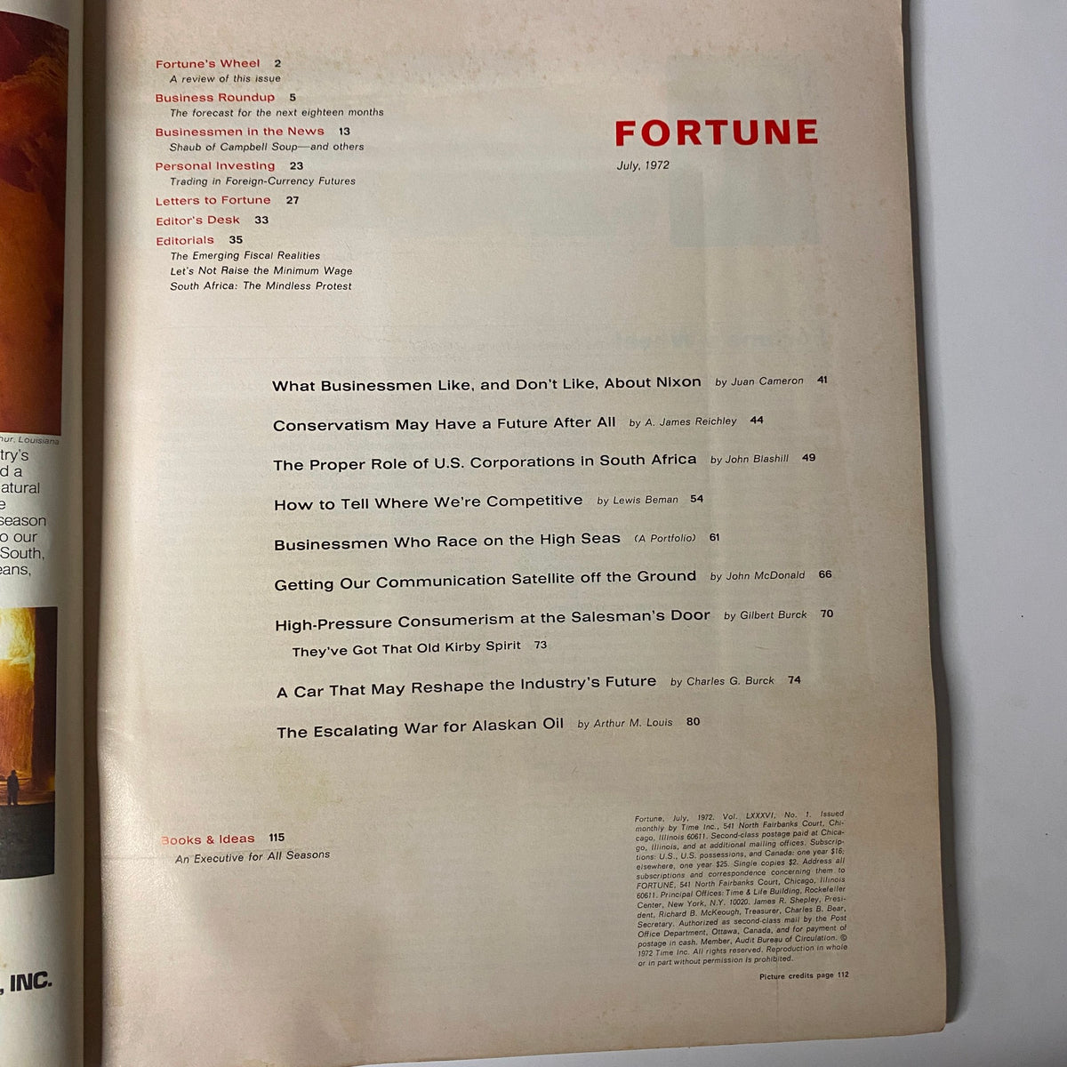Contents page of Fortune Magazine July 1972 detailing articles and features, including 'The Forecast for the Next Eighteen Months' and 'A Car That May Reshape the Industry’s Future'.