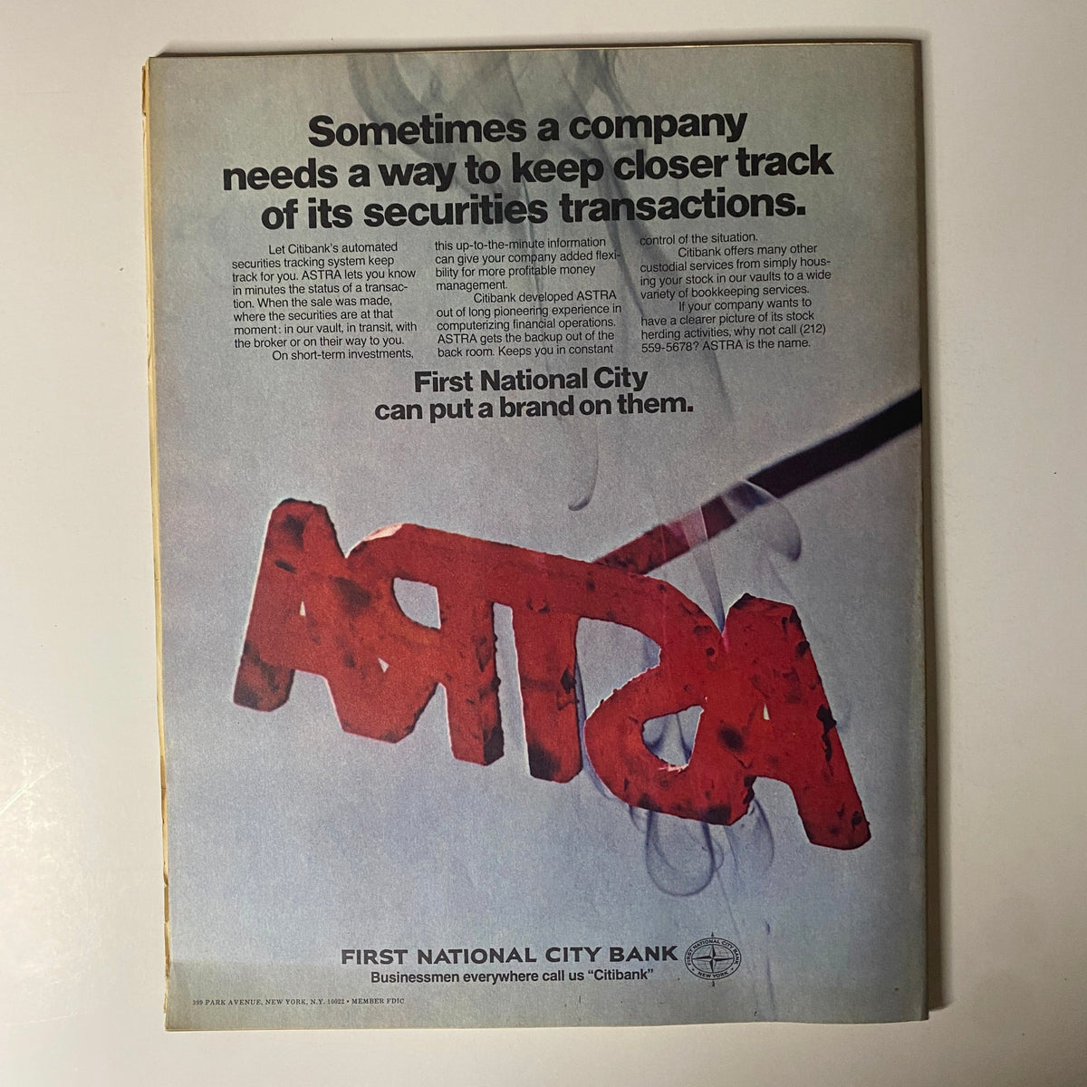 Inside advertisement from Fortune Magazine July 1972 featuring a Citibank securities transactions service with the text 'ASTRA' prominently displayed.