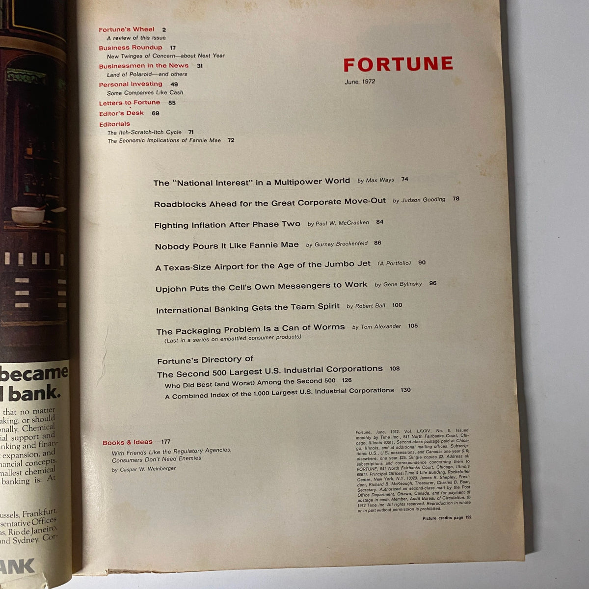 Table of contents from Fortune Magazine June 1972, listing key articles and features including economic forecasts and corporate news.