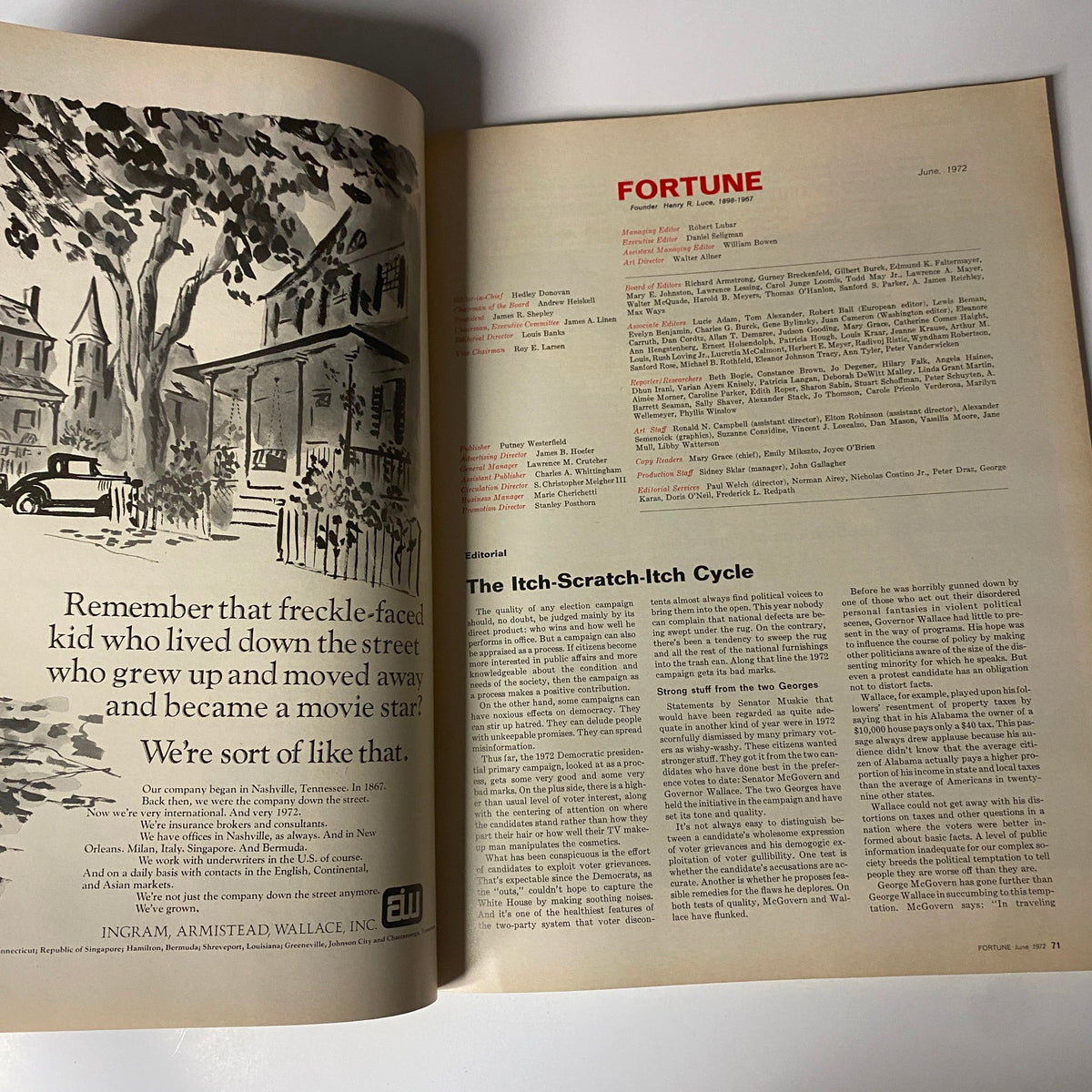 Editorial page from Fortune Magazine June 1972, featuring discussions on the political and economic climate of the time.