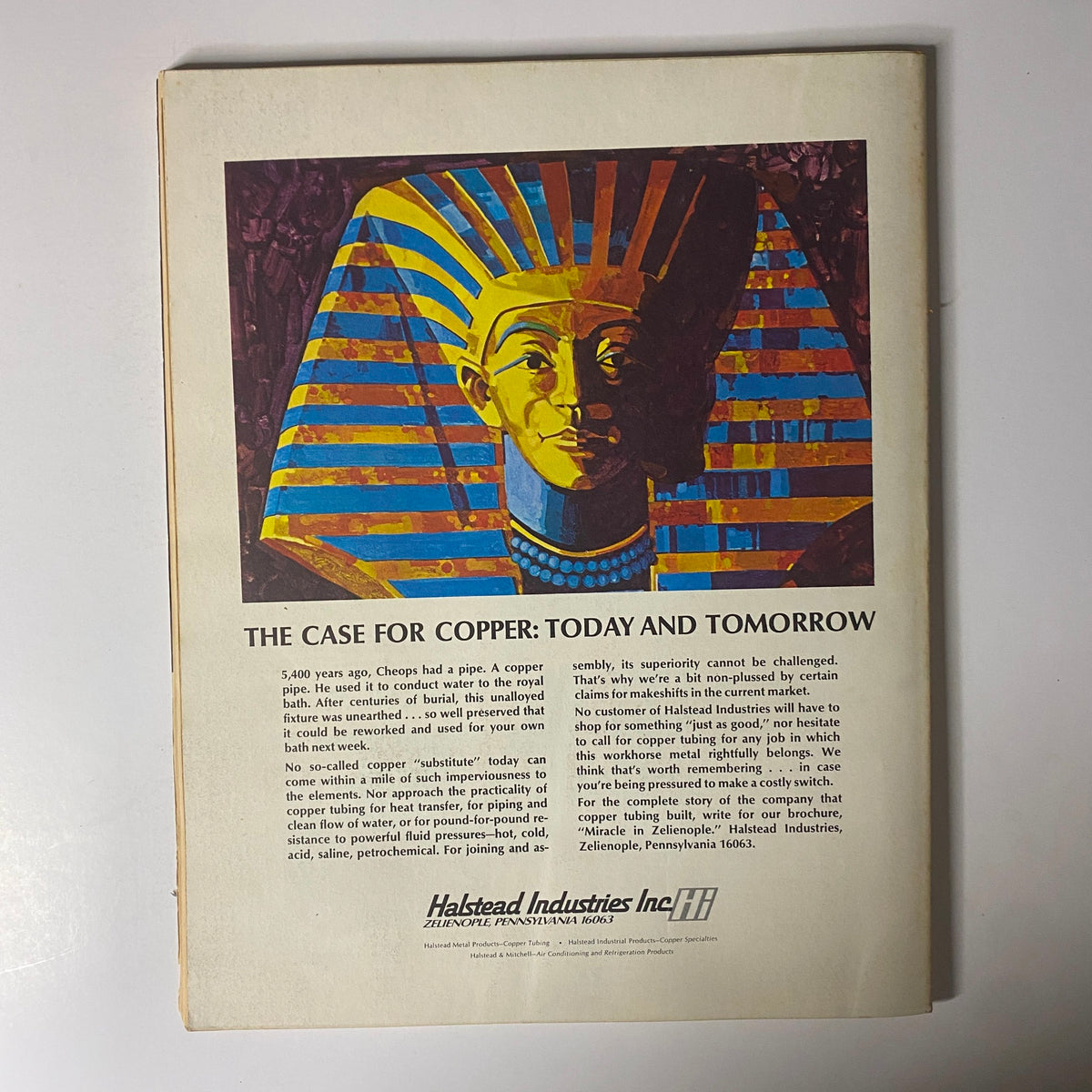 Advertisement in Fortune Magazine June 1972 for Halstead Industries, titled 'The Case for Copper: Today and Tomorrow' with a depiction of an ancient Egyptian figure.