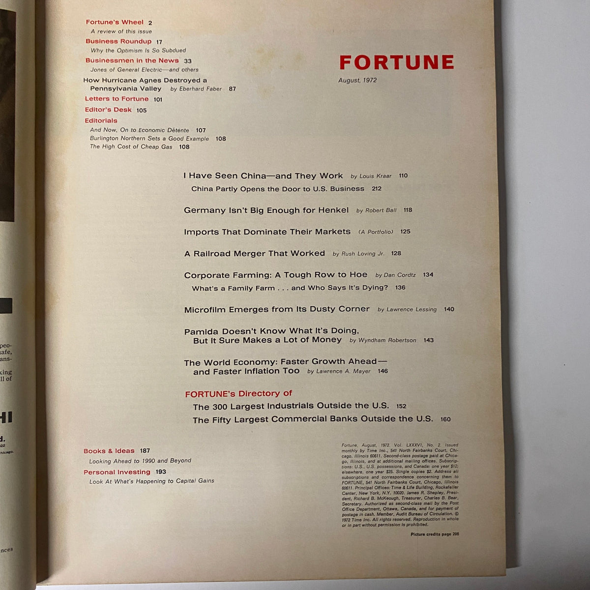 Interior page of the Fortune Magazine August 1972 edition showcasing the table of contents, highlighting key articles such as 'Why the Optimism Is So Subdued' and 'How Hurricane Agnes Destroyed a Pennsylvania Valley'.