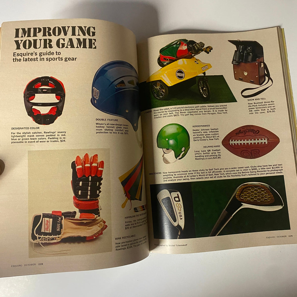 Inside page of Esquire Magazine October 1974 showcasing a guide to the latest sports gear, titled 'Improving Your Game,' highlighting items such as helmets and sports gloves, from the Super Sports Issue.