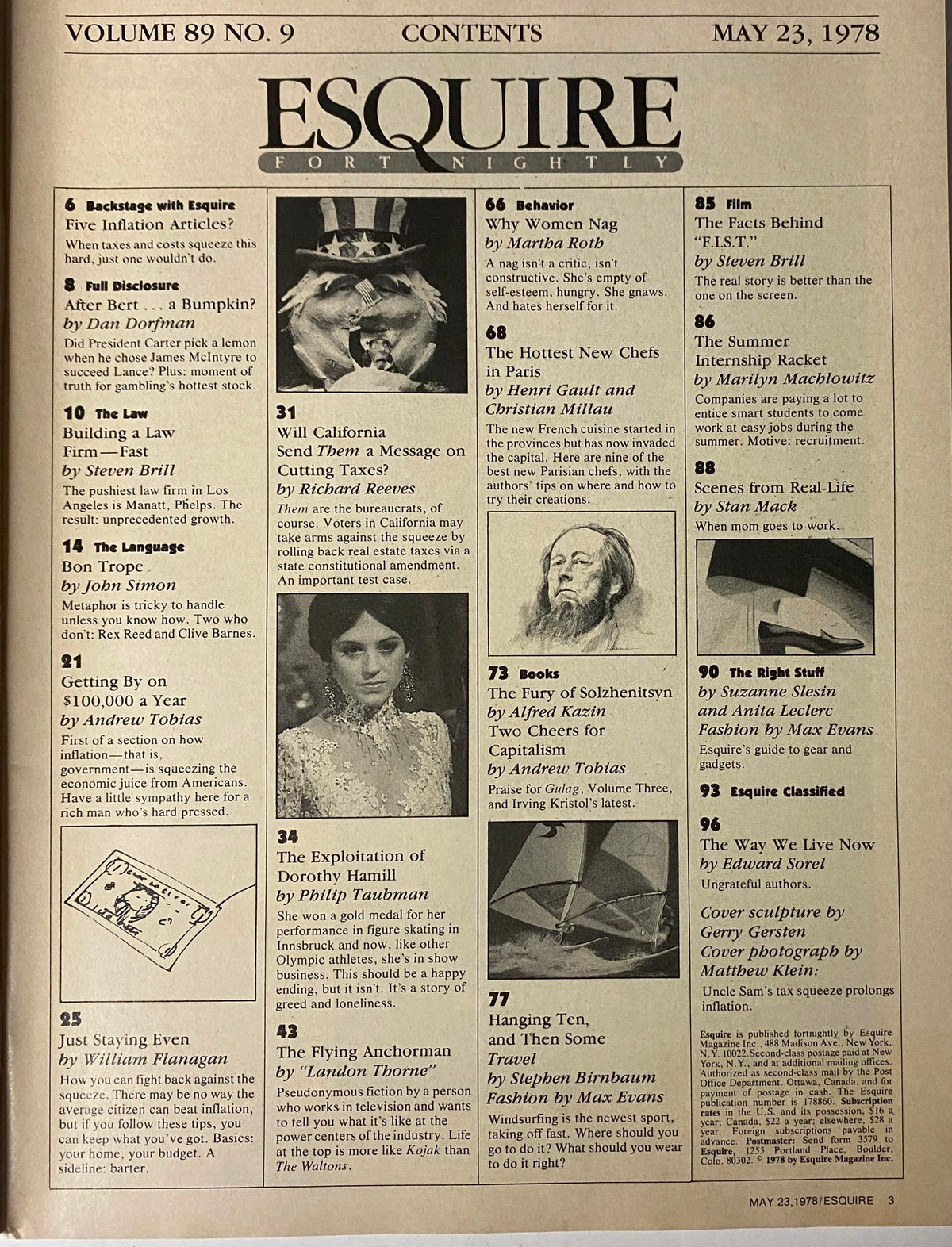 Contents page of Esquire Magazine May 23, 1978 titled 'The Squeezing of Americans', listing featured articles including topics on taxes, inflation, and budgeting.