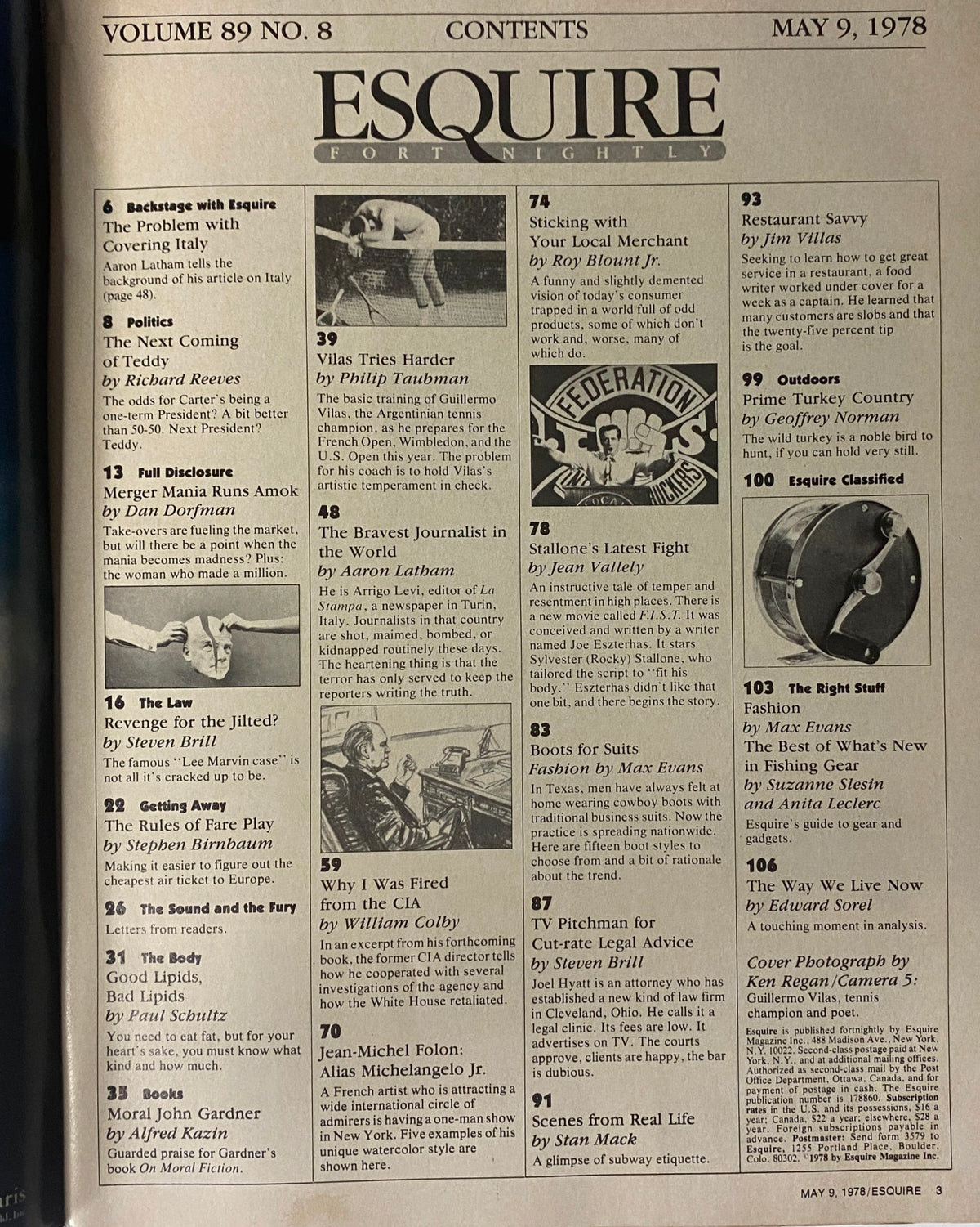 Table of contents of Esquire Magazine, May 9, 1978, featuring diverse articles including 'Vilas Tries Harder' about Guillermo Vilas.