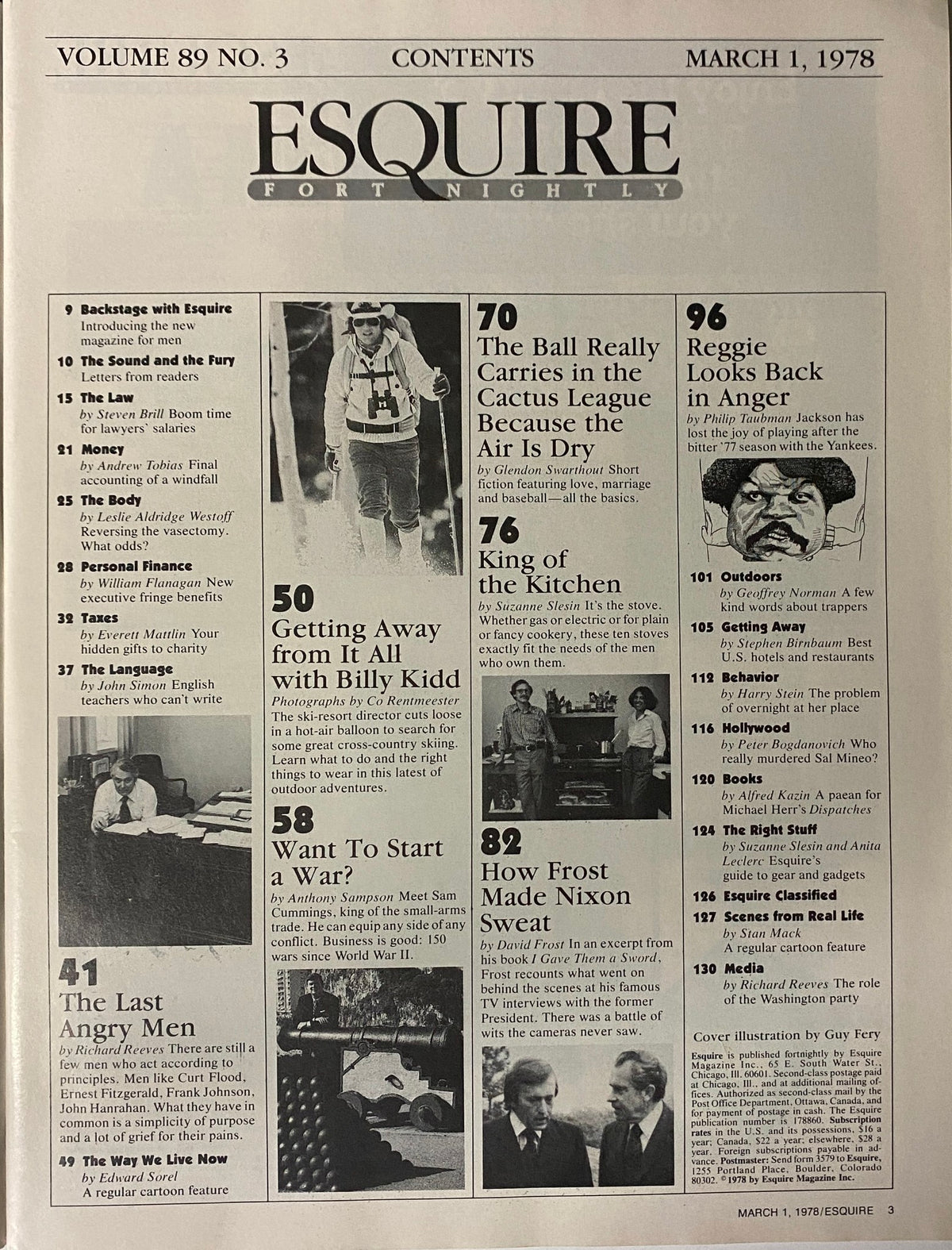 Contents page of Esquire Magazine March 1, 1978, outlining featured articles including 'The Last Angry Men' and other topics relevant to the political and cultural landscape of the time.