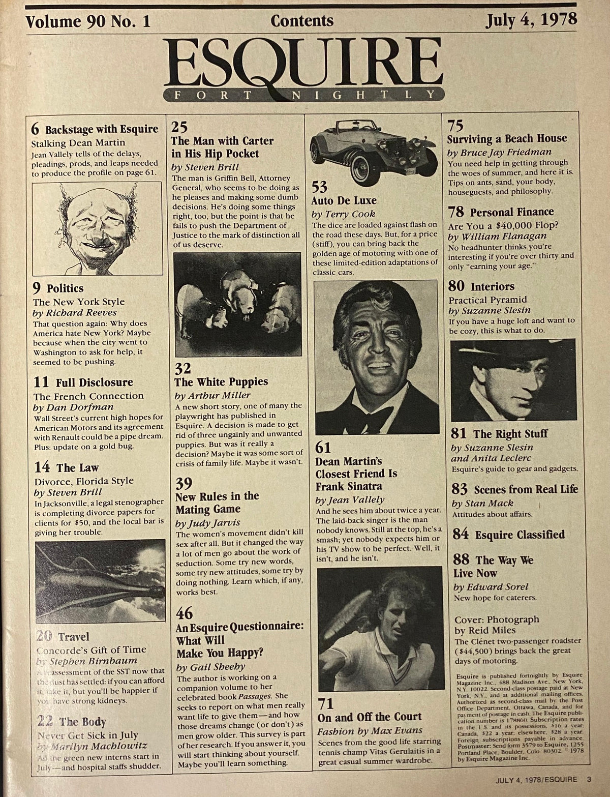 Inside contents page of Esquire Magazine July 4, 1978 detailing featured articles including 'The Man with Carter in His Hip Pocket' and 'Auto De Luxe' focusing on classic luxury vehicles.
