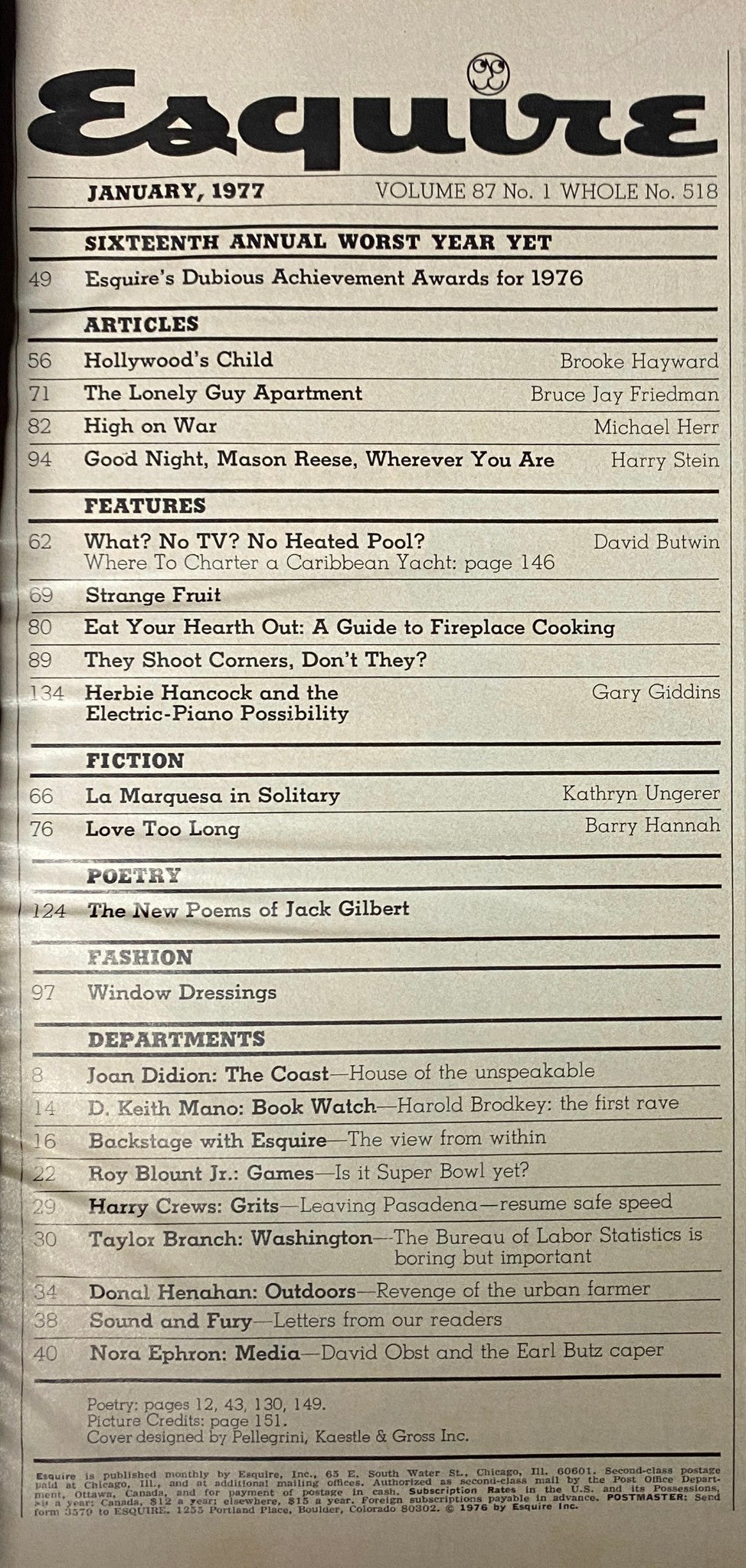 Inside pages of Esquire Magazine January 1977 showcasing the table of contents, highlighting articles like the "Dubious Achievement Awards for 1976" and features relevant to the late 1970s culture.
