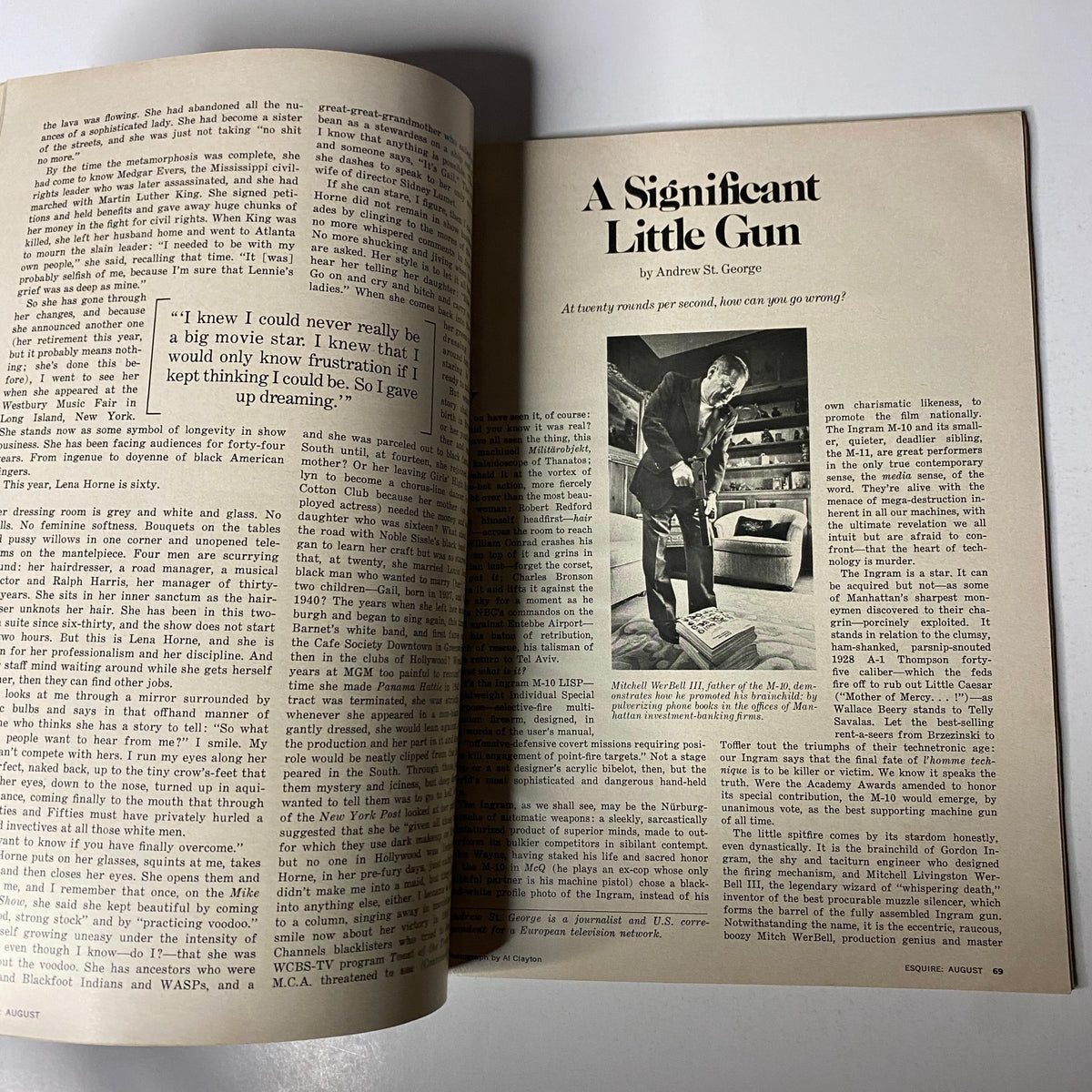 A page from Esquire Magazine August 1977 featuring the article 'A Significant Little Gun' by Andrew St. George with an accompanying image, discussing significant cultural topics of the era.