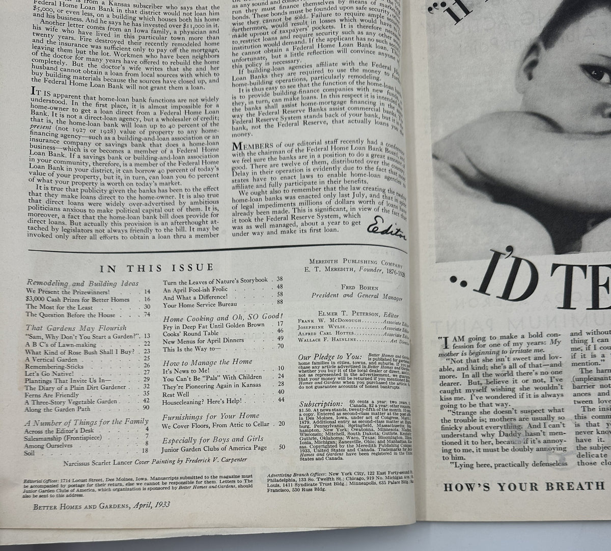 Inside page of Better Homes & Gardens Magazine, April 1933, displaying the Table of Contents with various gardening and home-related articles.