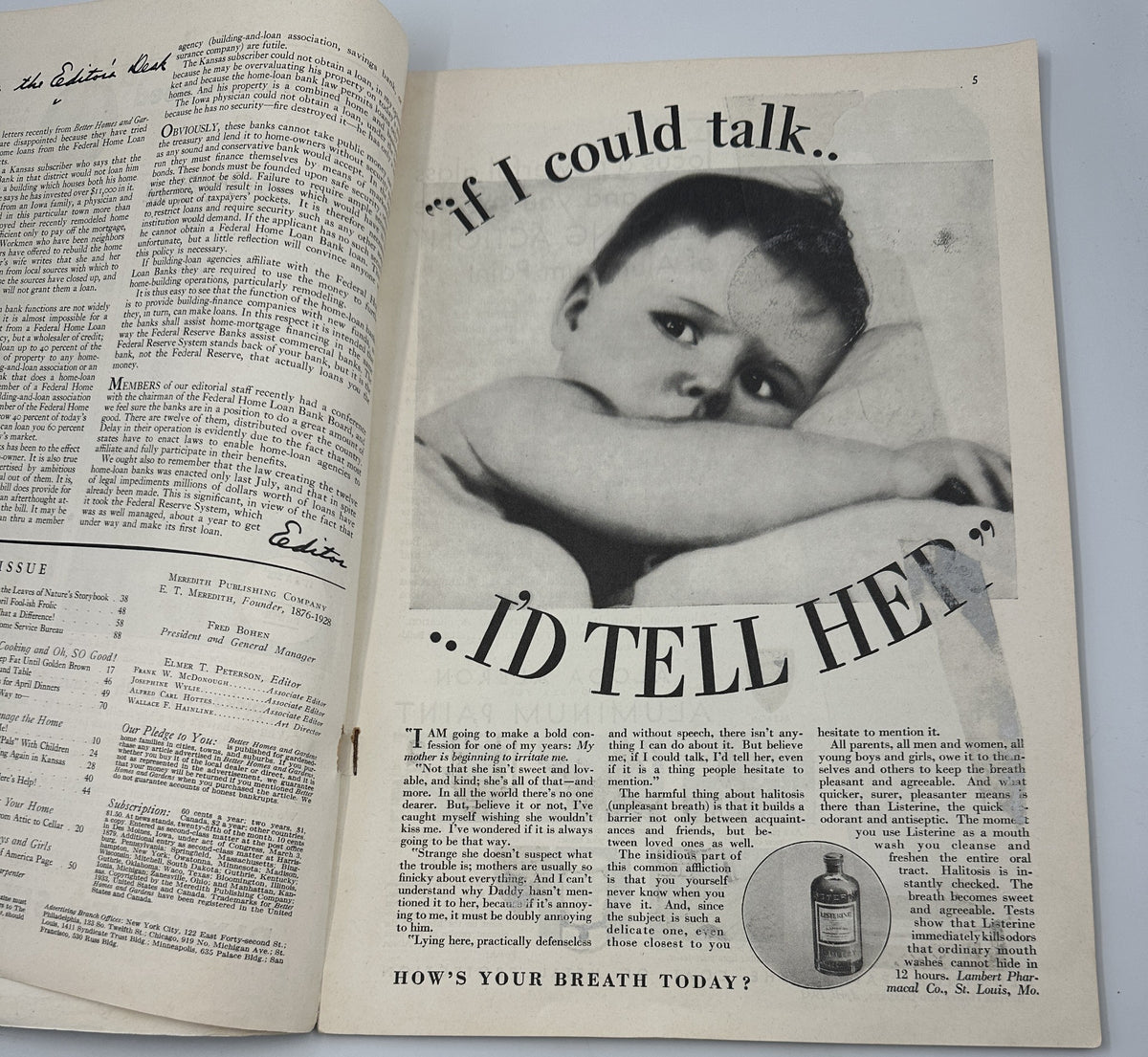 Inside spread of Better Homes & Gardens Magazine April 1933 showcasing a vintage advertisement featuring a baby and a commentary on breath health.