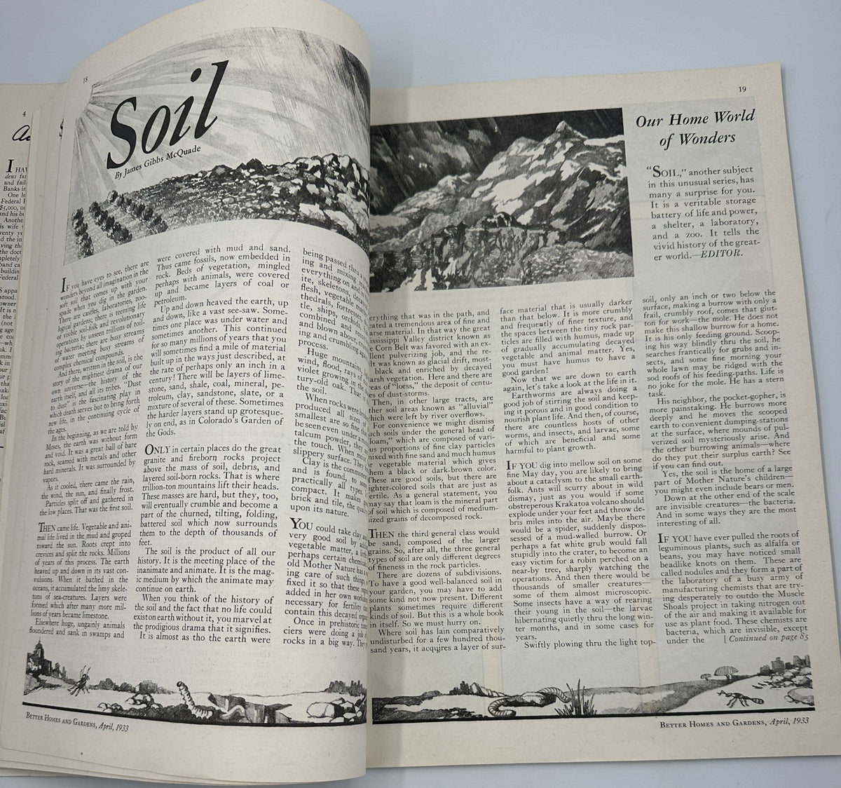 Article page from Better Homes & Gardens Magazine April 1933 discussing 'Soil' in gardening, with illustrations highlighting landscaping techniques.