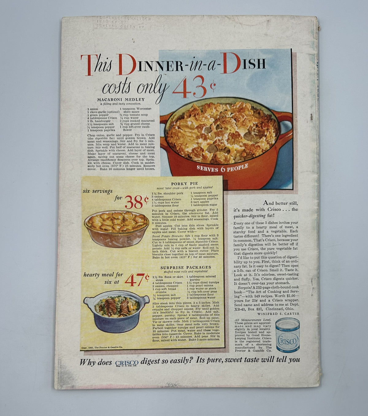 Back cover of Better Homes & Gardens Magazine April 1933 featuring a colorful advertisement for economical dinner recipes, including potato pie and surprise packages.