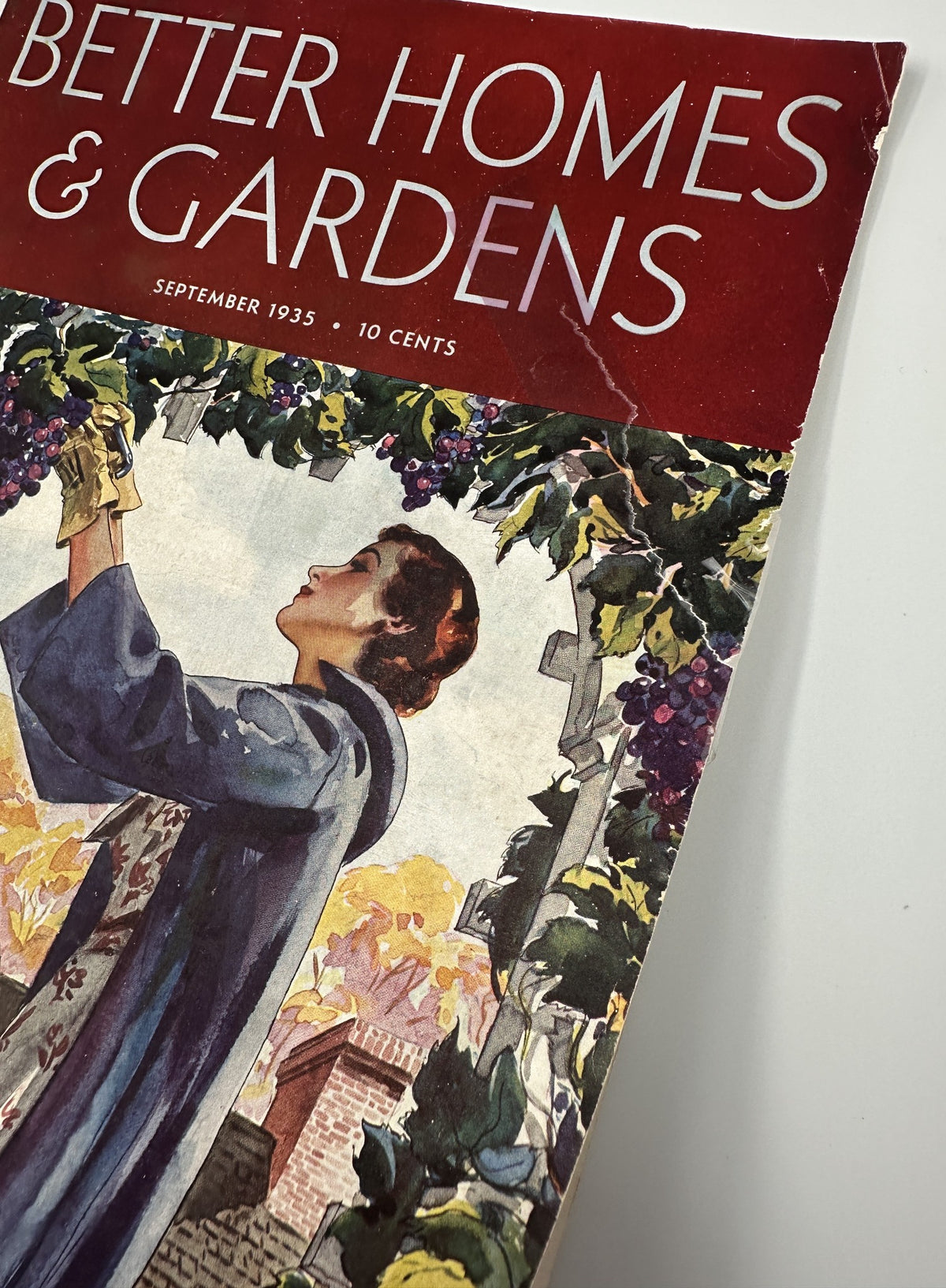 Close-up view of the Better Homes & Gardens Magazine cover from September 1935, highlighting the grape harvest scene and the magazine title.
