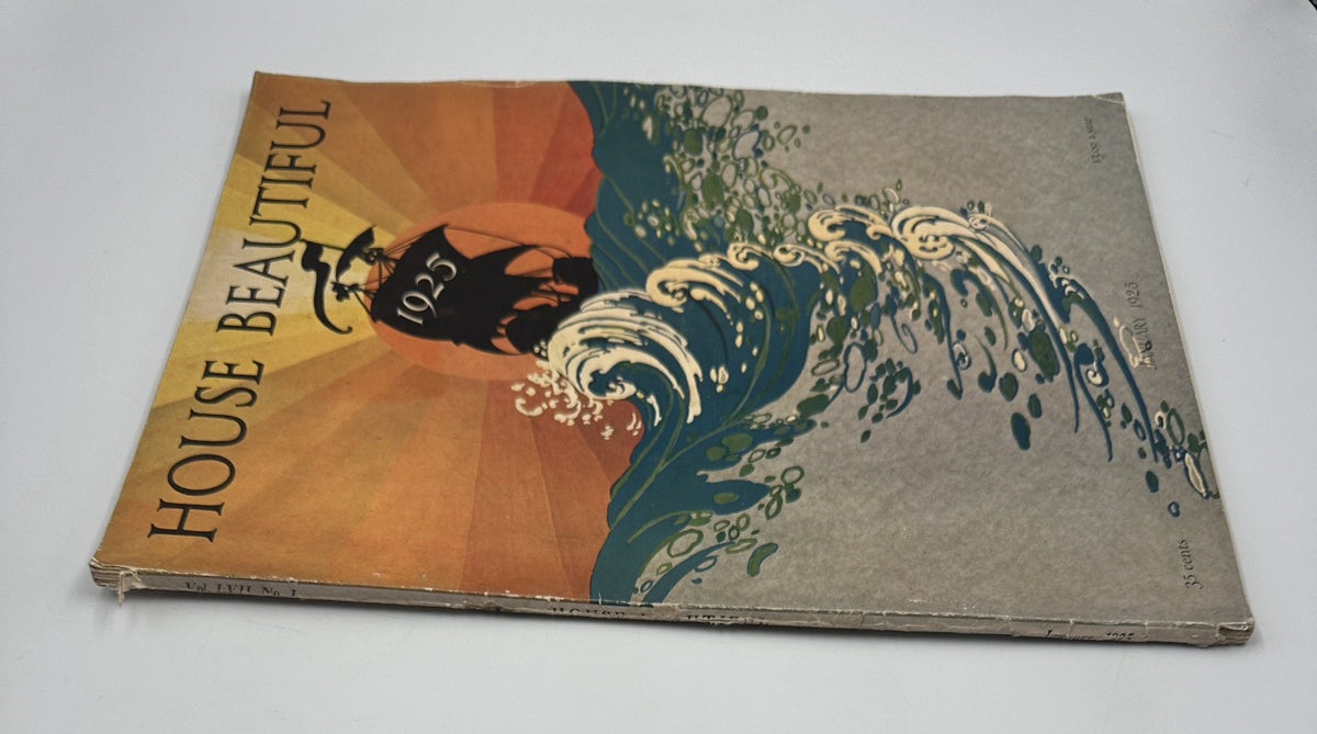 Side view of House Beautiful Magazine January 1925, showcasing the colorful cover with a ship and ocean waves, noted for its architectural insights.