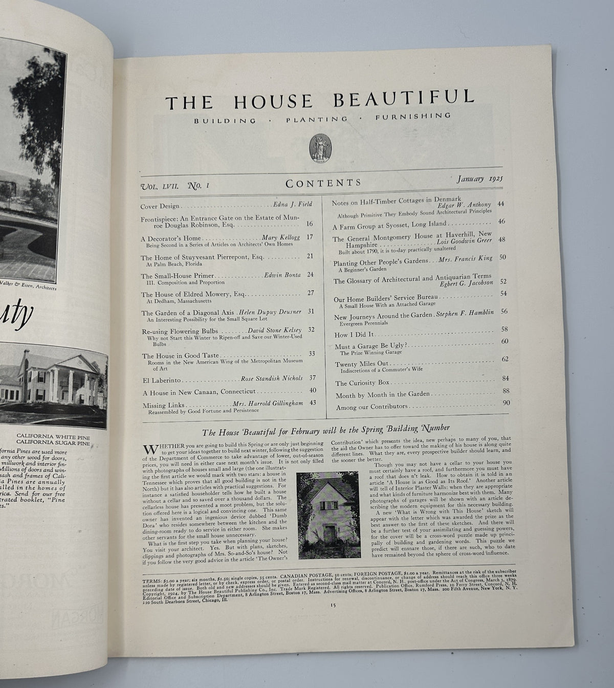 Interior page from House Beautiful Magazine January 1925 displaying the Table of Contents, outlining articles on architecture and garden design.