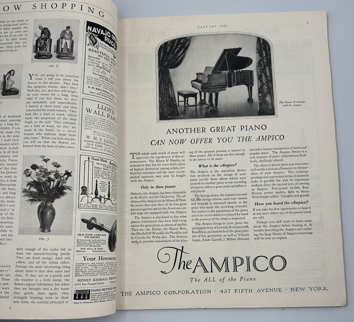 Advertisement page from House Beautiful Magazine January 1925 featuring a piano advertisement, depicting vintage style and home furnishing themes.