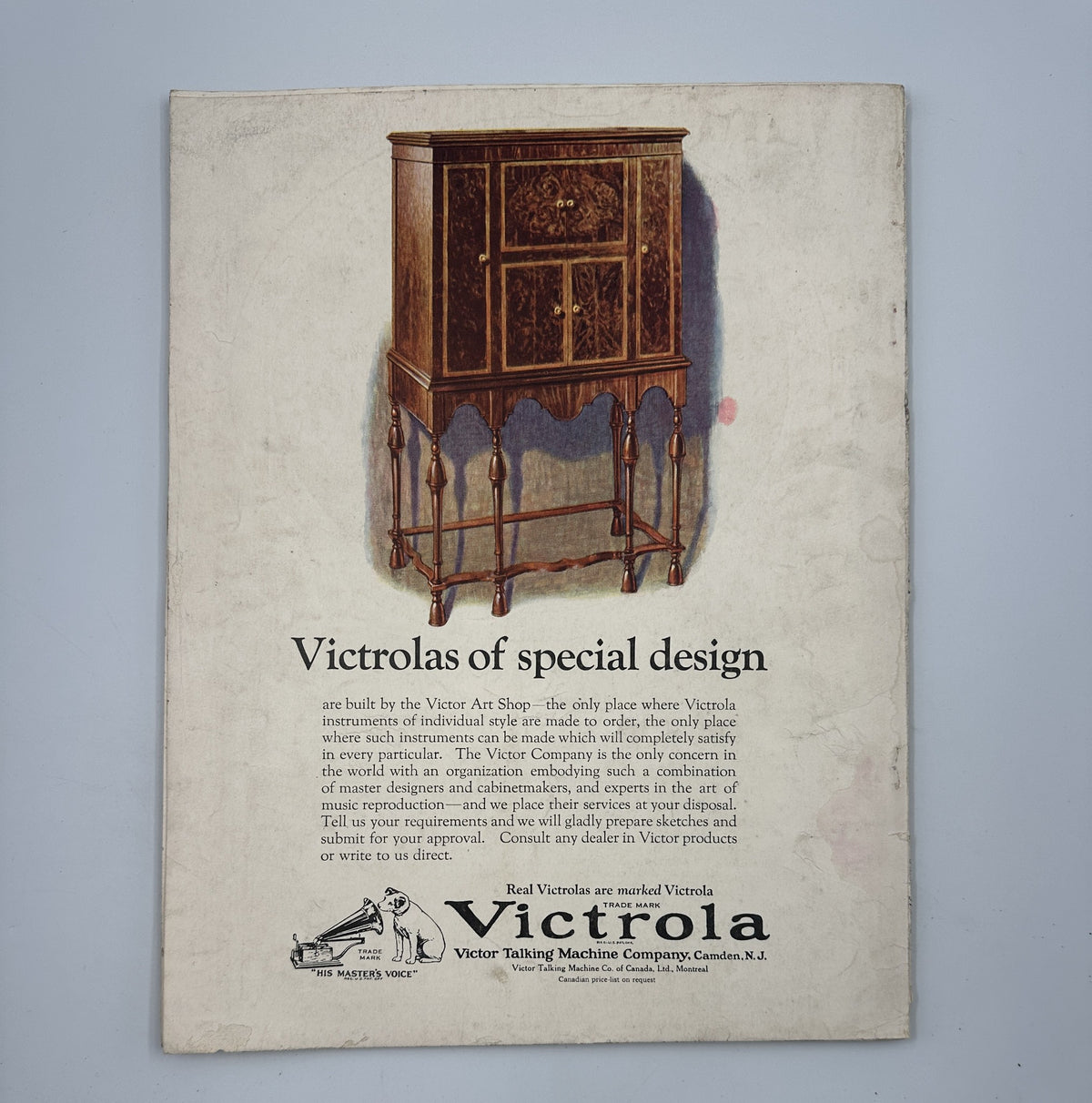 Victrola advertisement from House Beautiful Magazine January 1925 highlighting unique designs of phonographs and musical instruments.