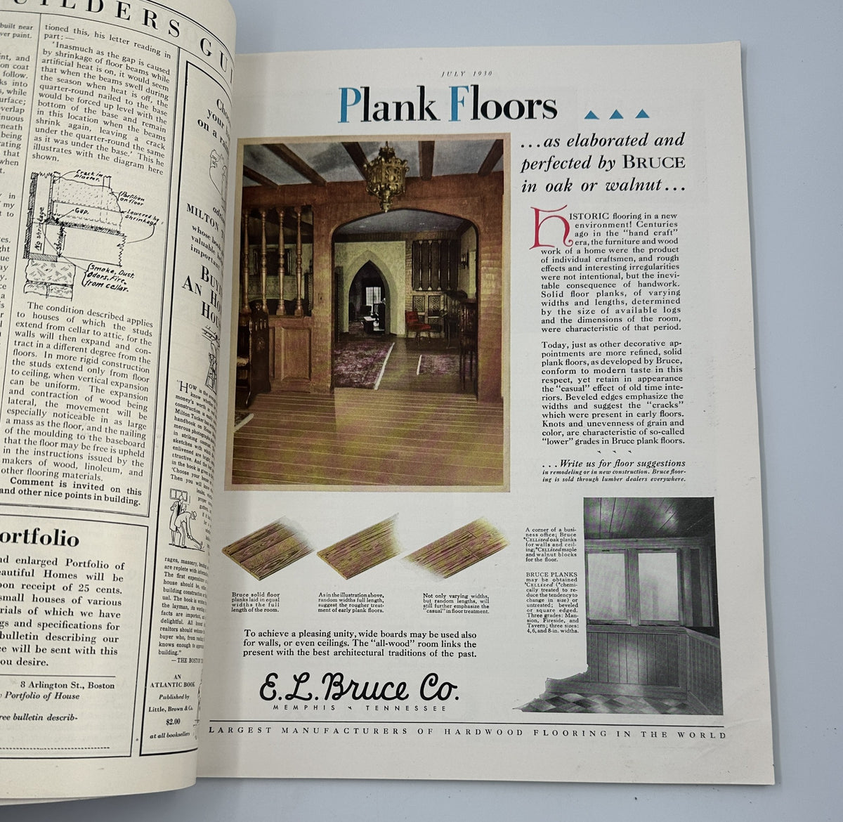 House Beautiful Magazine July 1930 advertisement for E.L. Bruce Co. showcasing oak and walnut plank flooring.