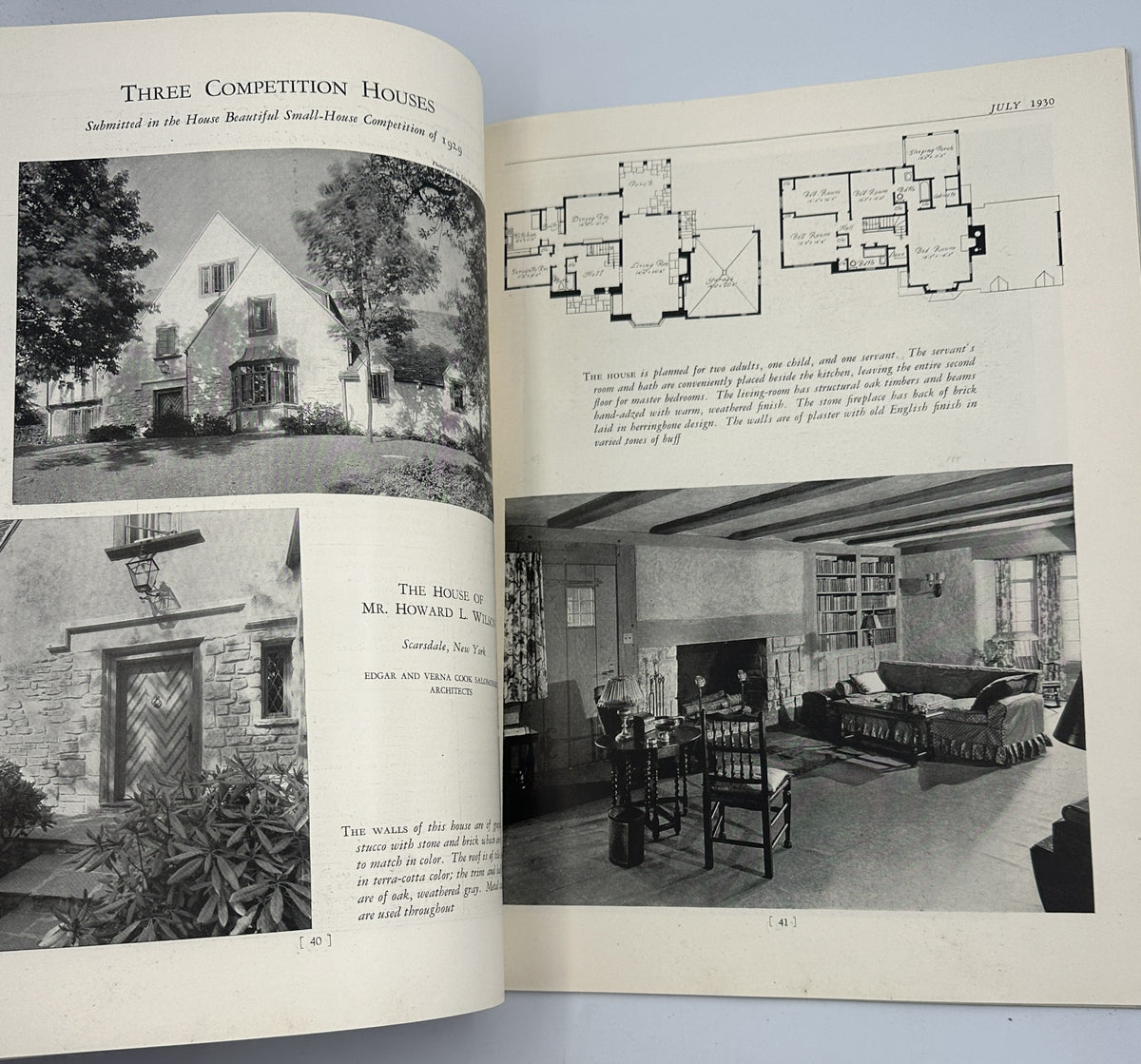 House Beautiful Magazine July 1930 featuring three competition houses with architectural plans and interior images.