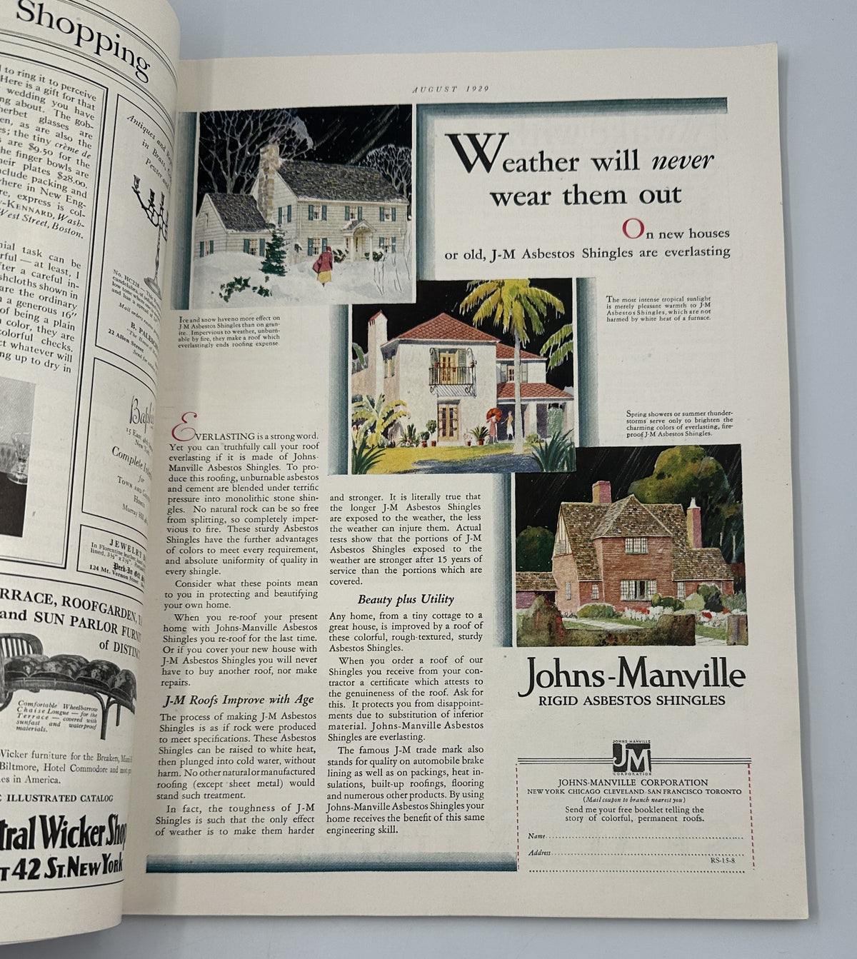 Advertising page in House Beautiful Magazine August 1929 highlighting weather-resistant shingles for home construction.