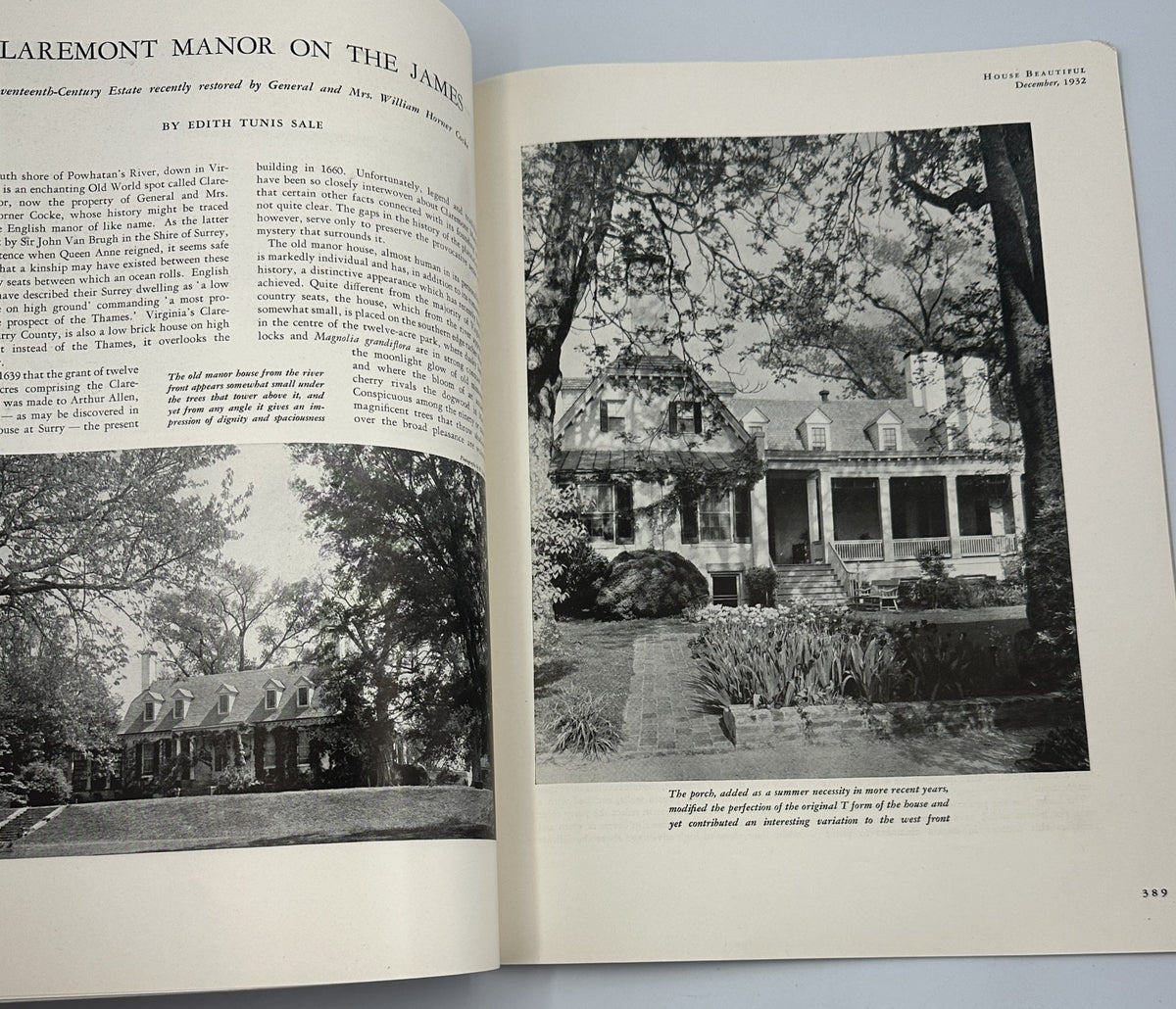 An interior page from House Beautiful Magazine December 1932 featuring Claremont Manor on the James by Edith Tunis Sale with descriptions of the architecture and garden.