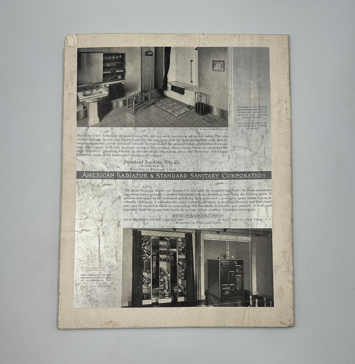 Back cover of House Beautiful Magazine December 1932 featuring advertisements for American Radiator and Standard Sanitary Corporation, emphasizing vintage home fixtures.
