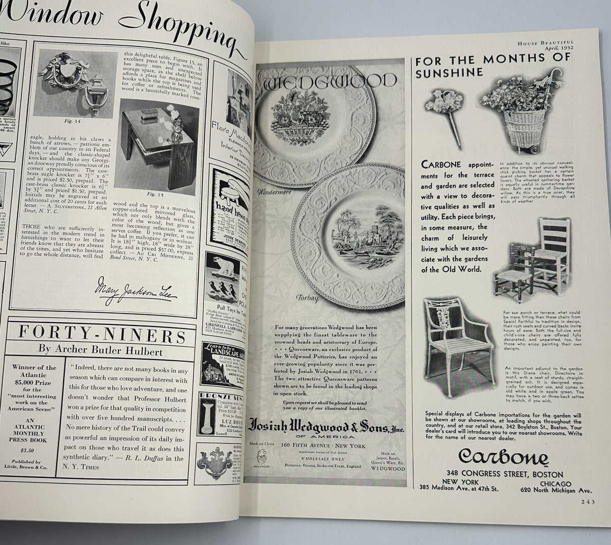Page from House Beautiful Magazine, April 1932, displaying an advertisement with decorative plates and garden accessories.