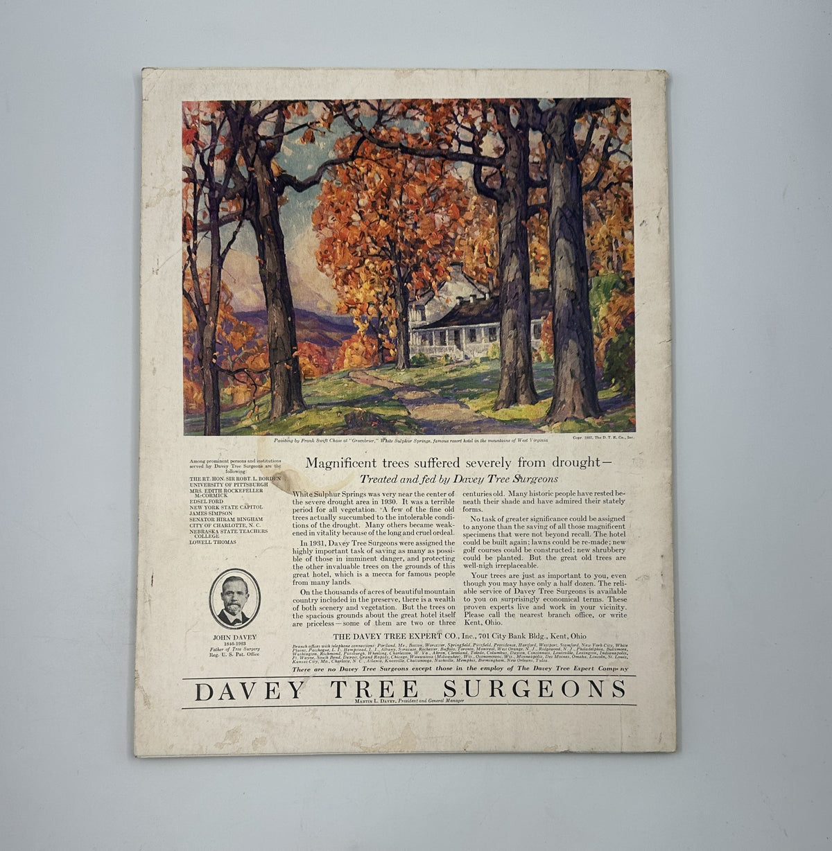 House Beautiful Magazine April 1932 featuring a colorful autumn landscape with magnificent trees. The back cover highlights the services of Davey Tree Surgeons, addressing tree care issues related to drought.