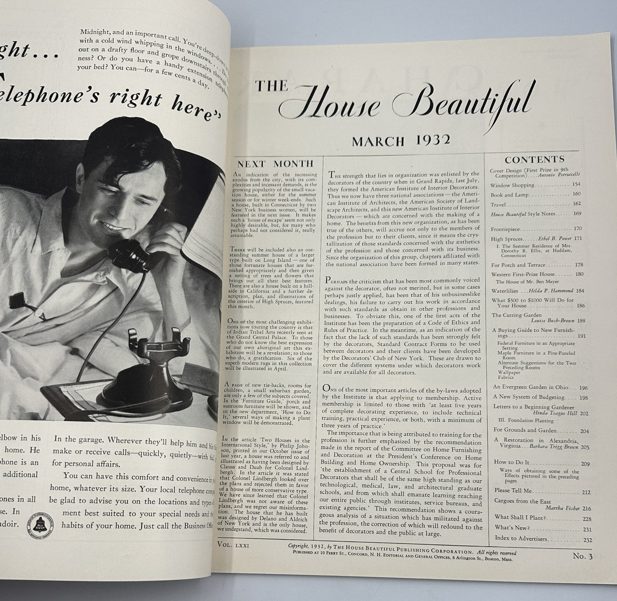 Inside pages of House Beautiful Magazine March 1932, displaying text content and illustrations, with details of the magazine's themes and articles.