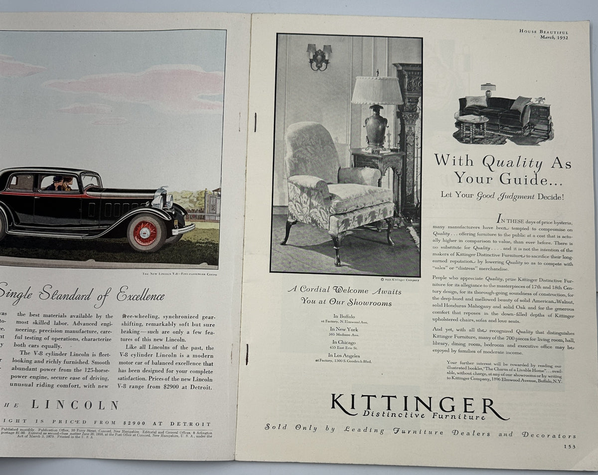 Another inside view of House Beautiful Magazine March 1932, featuring advertisements and additional content, emphasizing its vintage charm and design.