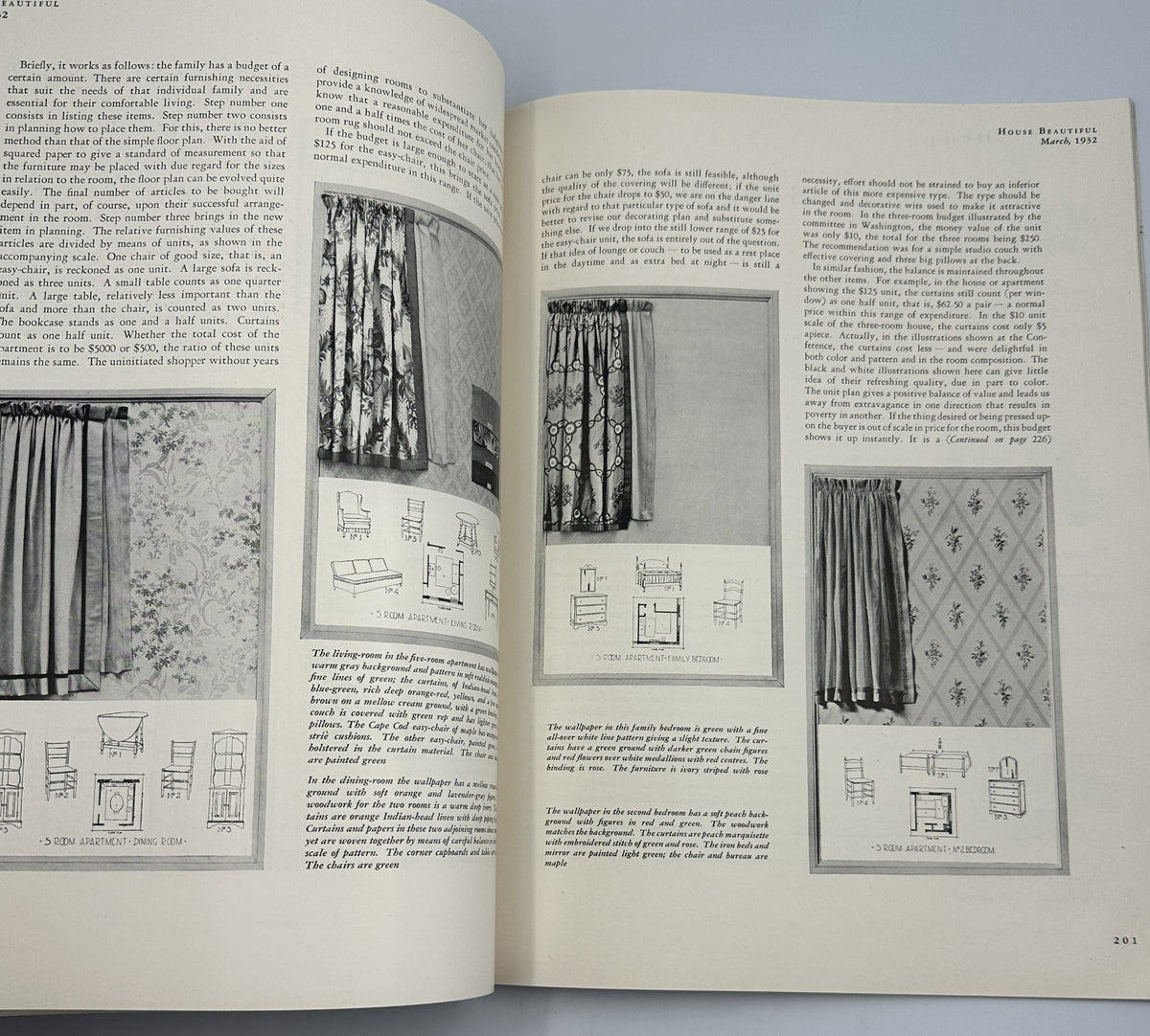 Interior design page from House Beautiful Magazine March 1932 showcasing window treatments and furniture design ideas as part of Spring Gardening theme.