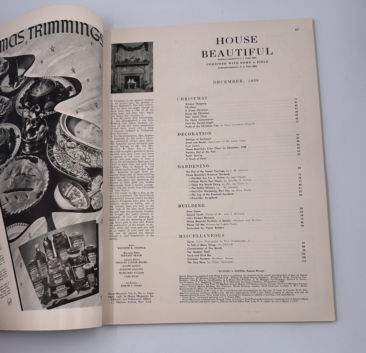 House Beautiful Magazine December 1938 featuring a table of contents with articles on Christmas decorations, gardening, and building.