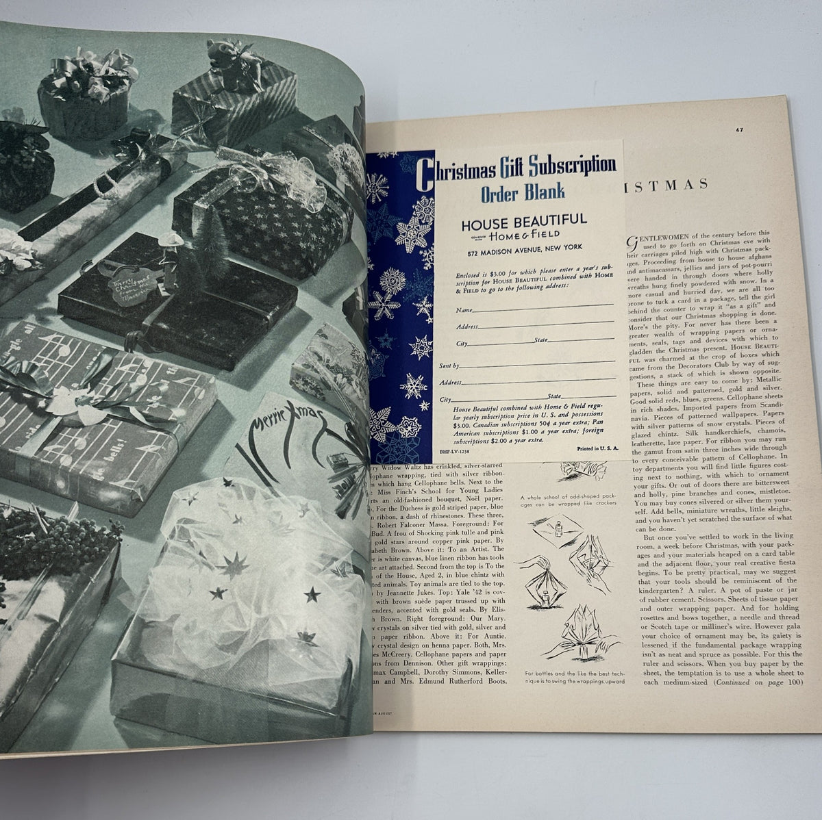 House Beautiful Magazine December 1938 showcasing a Christmas gift subscription order blank amidst beautifully wrapped gifts.