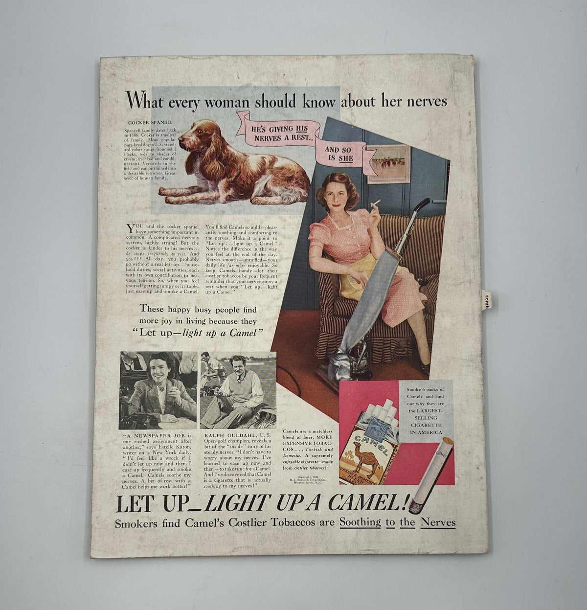 House Beautiful Magazine December 1938 presenting an advertisement on calming products with a woman and a dog.