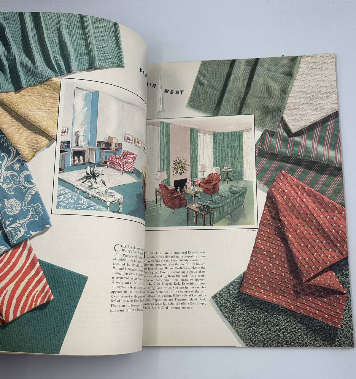 Interior design spread featuring fabric swatches and room layouts from the House Beautiful Magazine March 1939 Small House Competition Building Design.