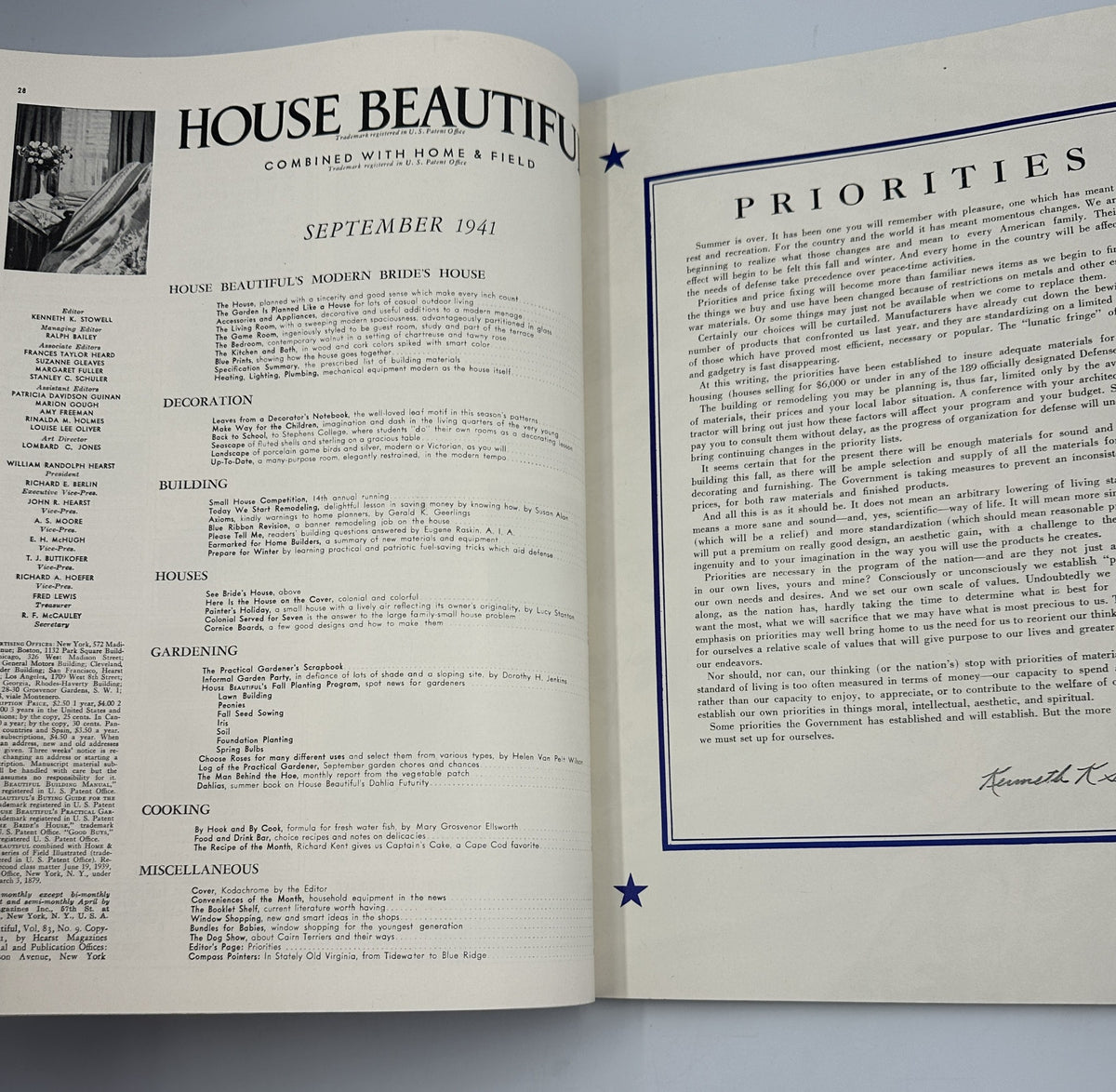 House Beautiful Magazine September 1941 showcasing the Table of Contents, including topics on modern homes, decoration, building, gardening, cooking, and other articles.