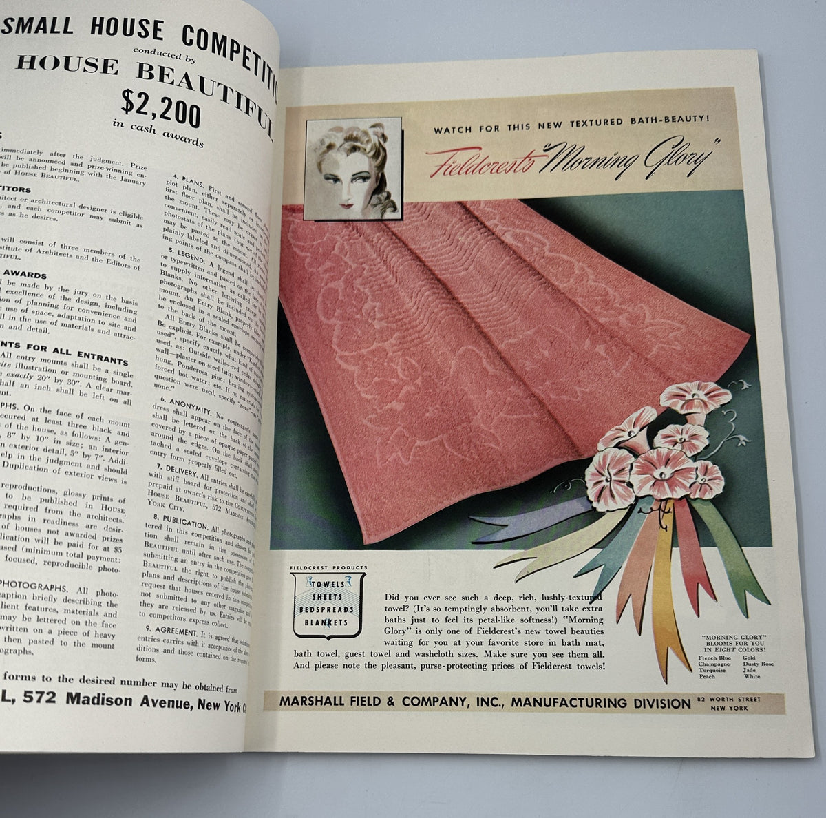 House Beautiful Magazine September 1941 advertising a textured bath beauty product, highlighting decorative elements and floral designs.