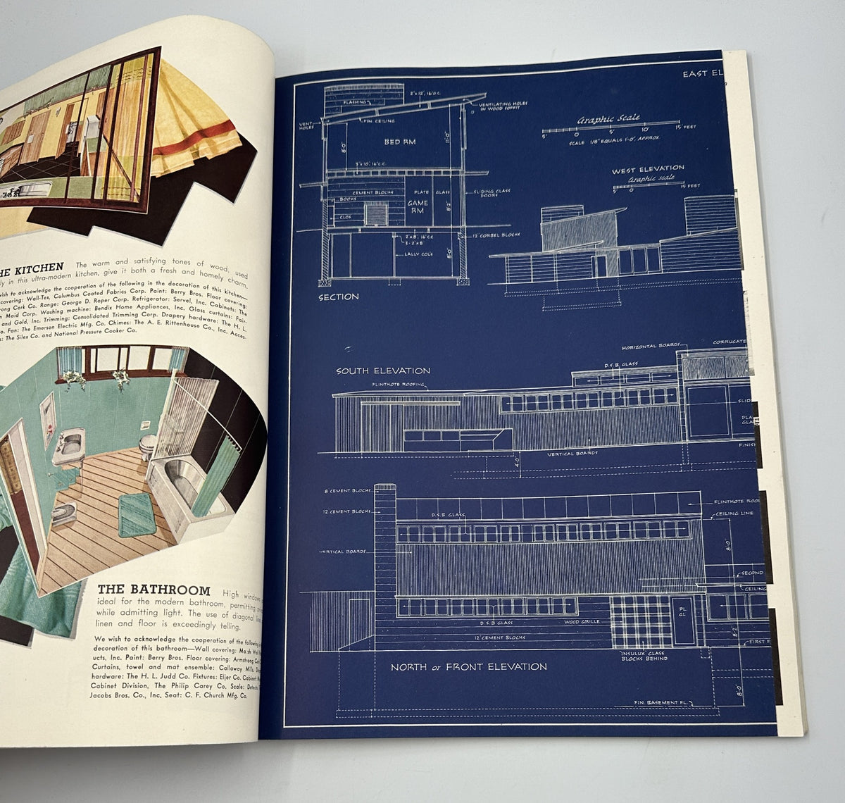 House Beautiful Magazine September 1941 featuring modern house blueprints with detailed drawings of the kitchen and bathroom layout, emphasizing contemporary design.