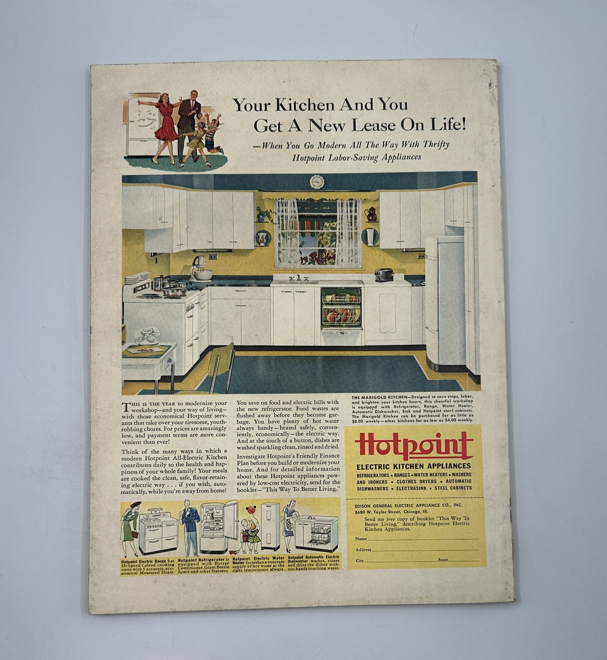 House Beautiful Magazine September 1941 featuring the advertisement for Hotpoint electric kitchen appliances, promoting modern kitchen design and labor-saving innovation in home cooking.